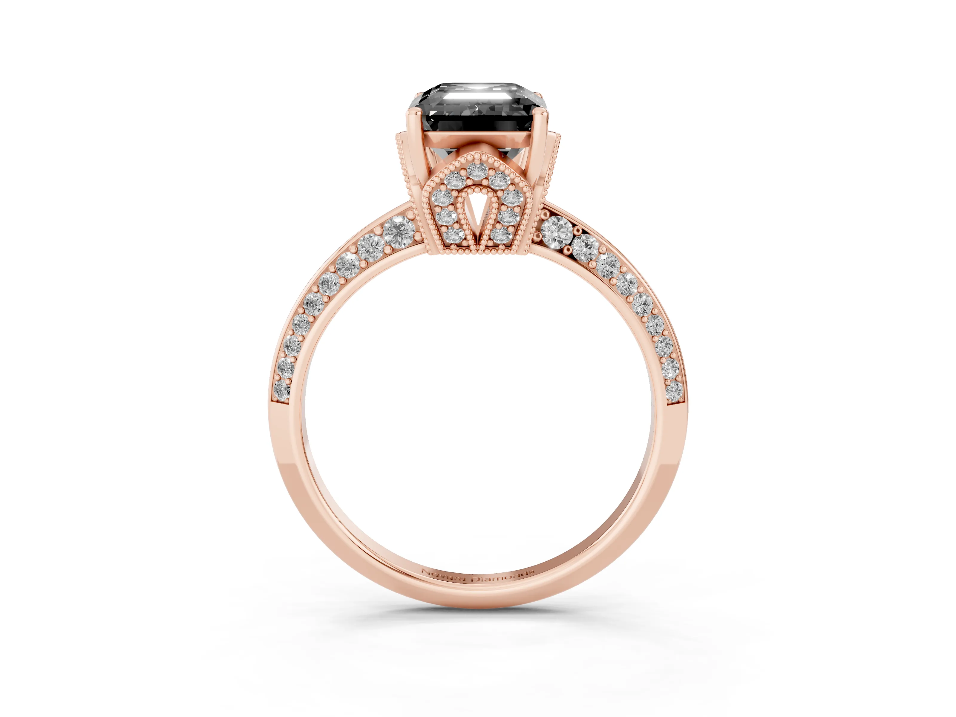 Fancy Black Emerald Cut Diamond Solitaire Engagement Ring Set in Rose gold with Pavé Split Shank and Prong Setting