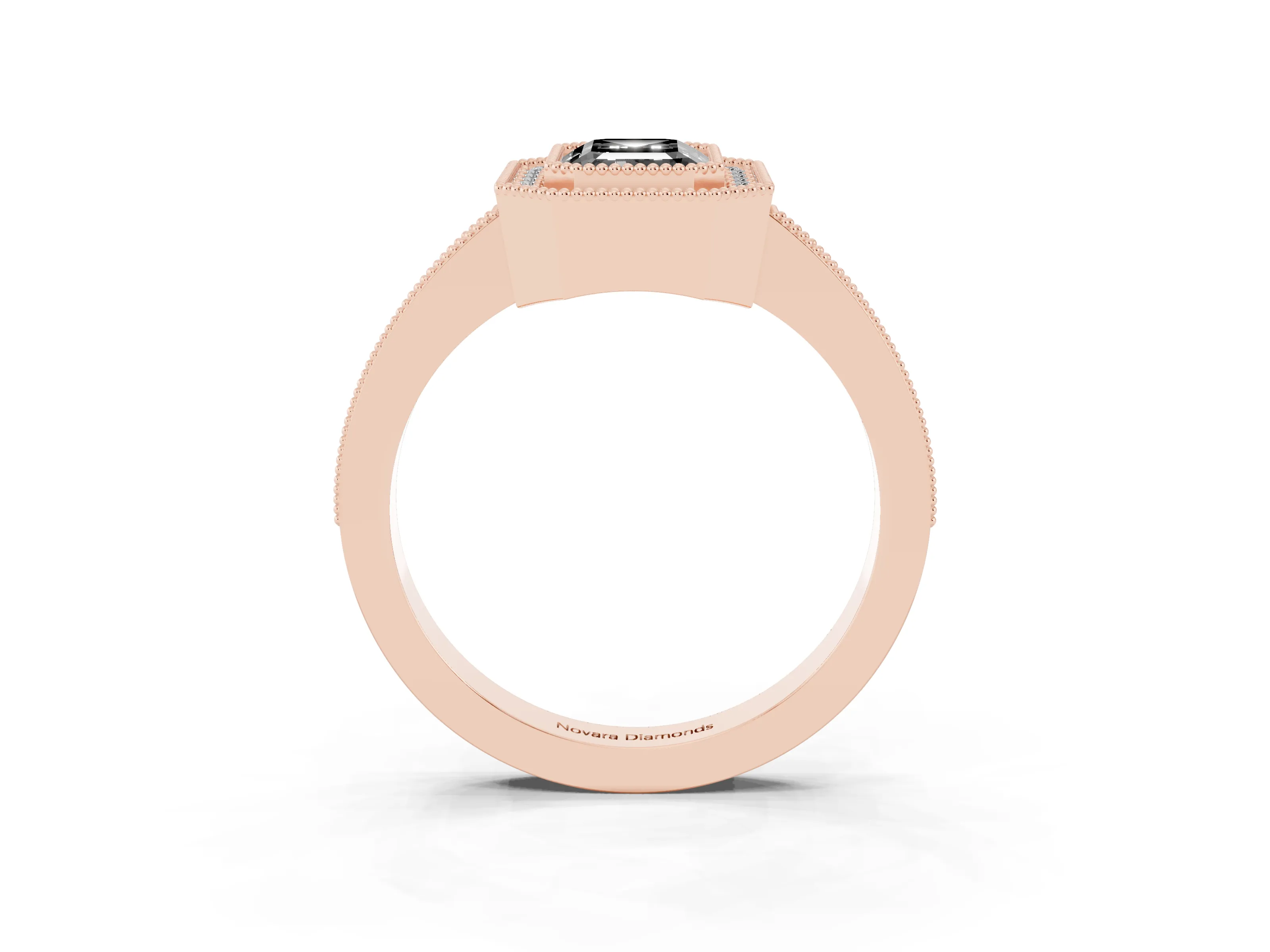 Fancy Black Emerald Cut Diamond Halo Engagement Ring Set in Rose gold with Pavé Band and Round Halo Stones