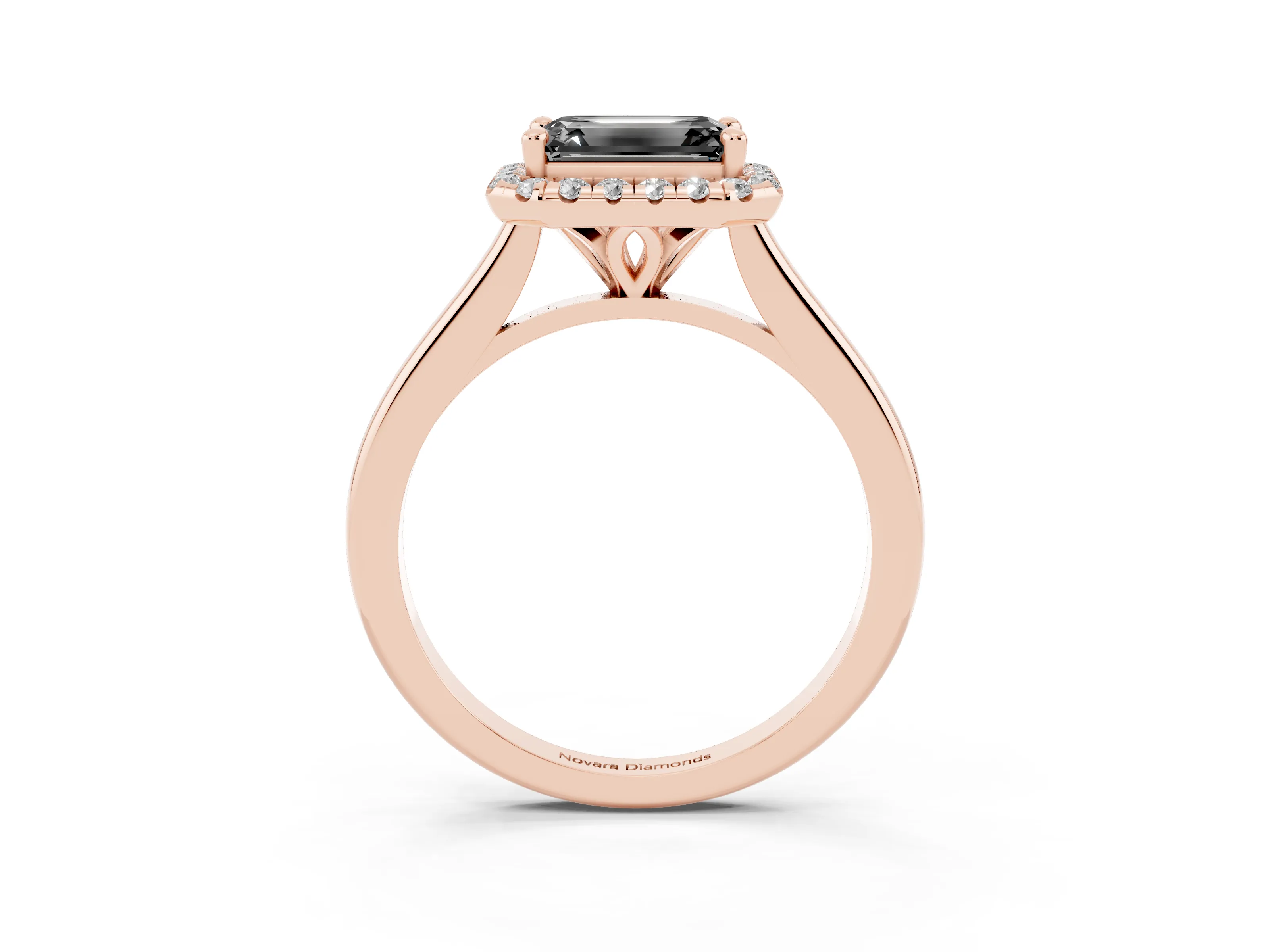 Fancy Black Emerald Cut Diamond Halo Engagement Ring Set in Rose gold with Pavé Band and Rising Shoulders