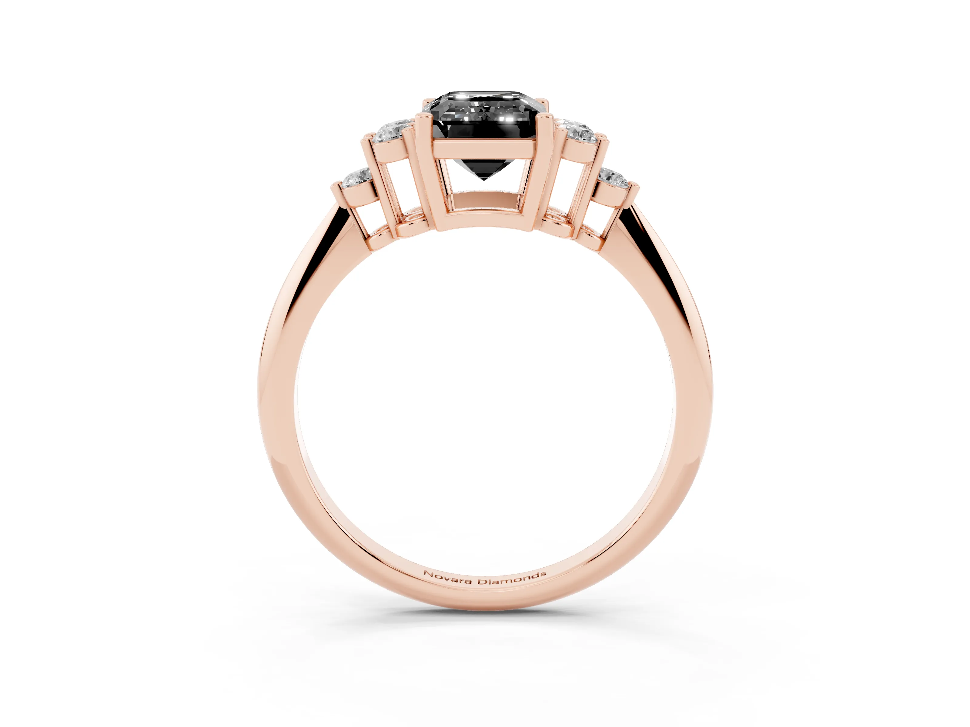 Fancy Black Emerald Cut Diamond Cluster Ring Set in Rose gold with Plain Band and Prong Setting