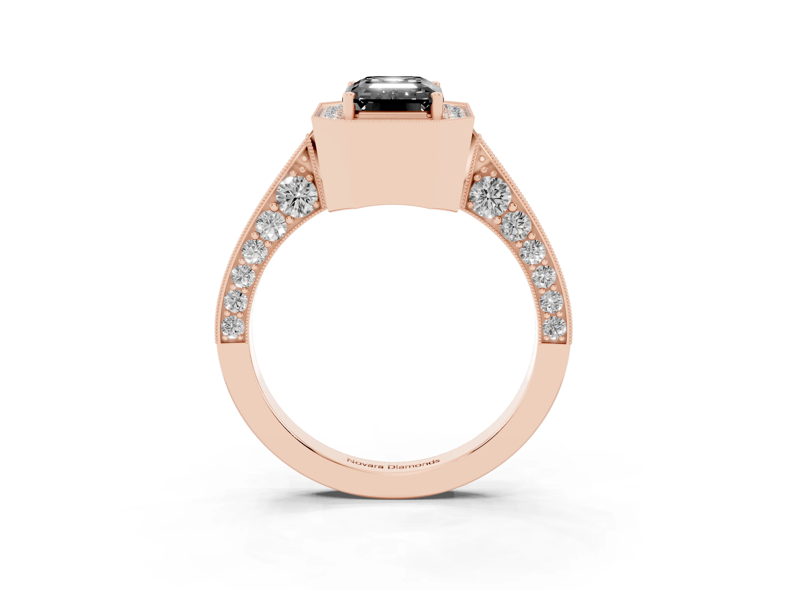 Fancy Black Emerald Cut Diamond Halo Engagement Ring Set in Rose gold with Accent Split Shank Band