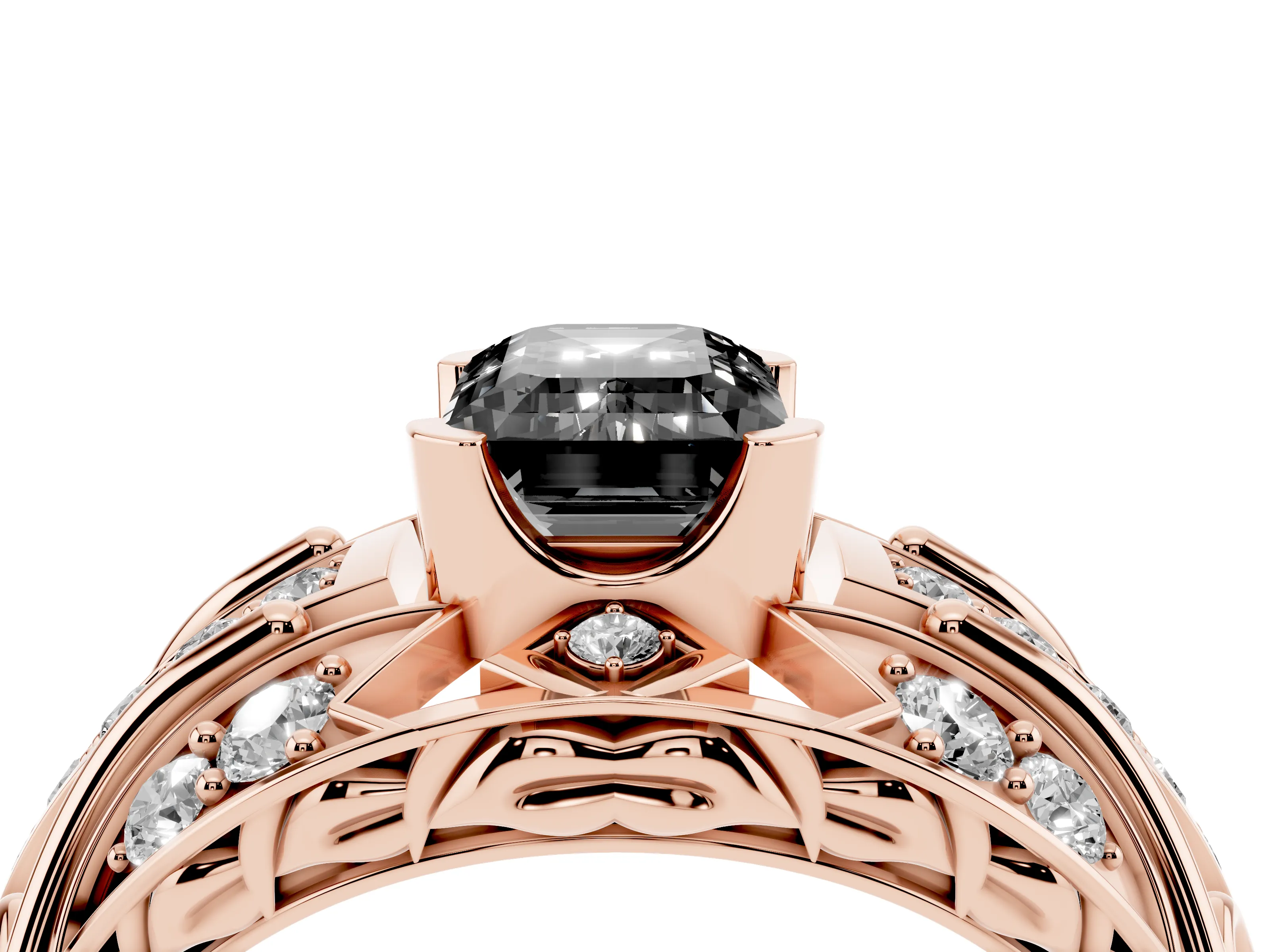 Fancy Black Emerald Cut Diamond Art Deco Ring Set in Rose gold with Pavé Split Shank