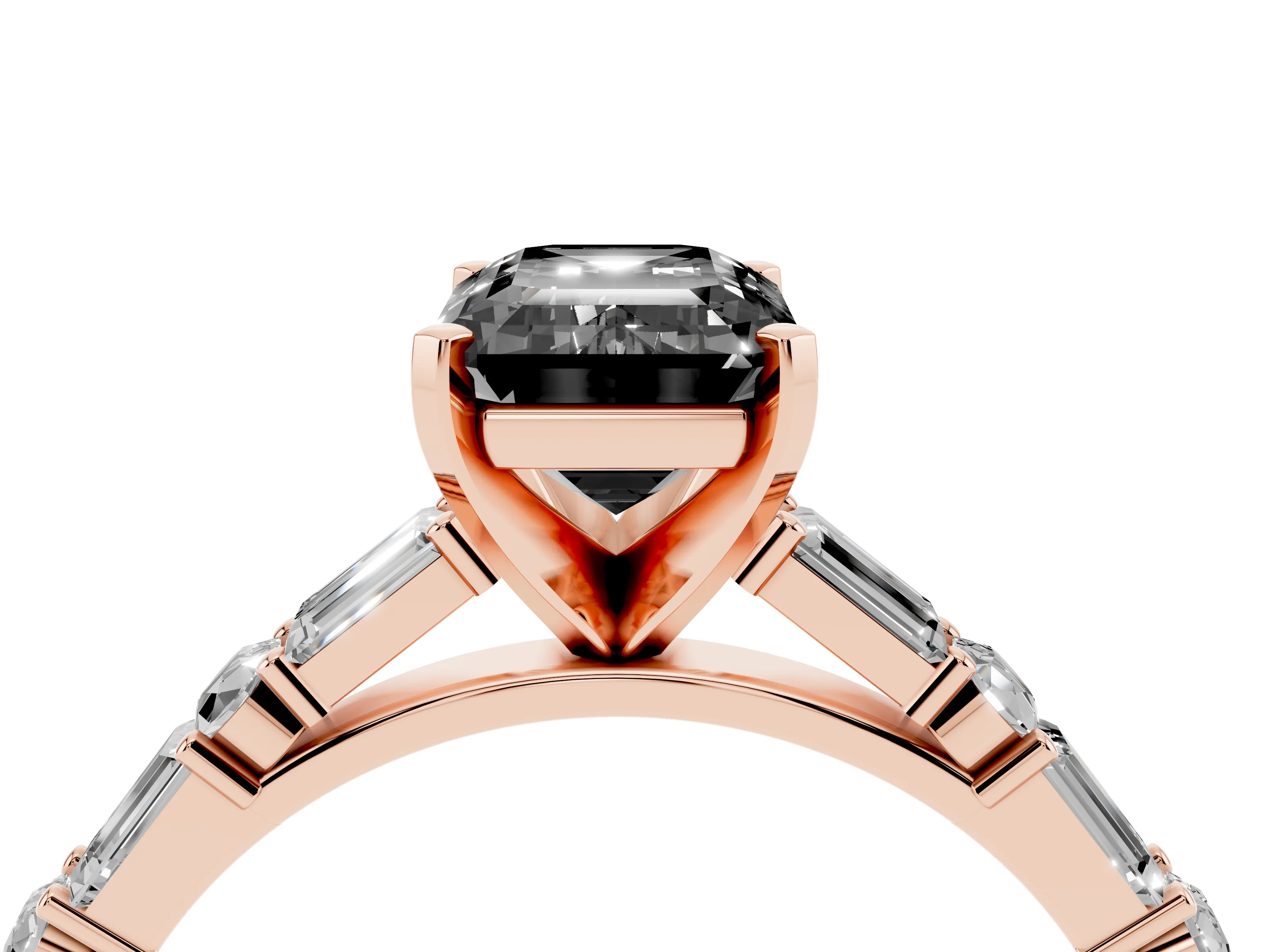 Fancy Black Emerald Cut Diamond Solitaire Set in Rose gold with Side Baguettes and Channel Set Band