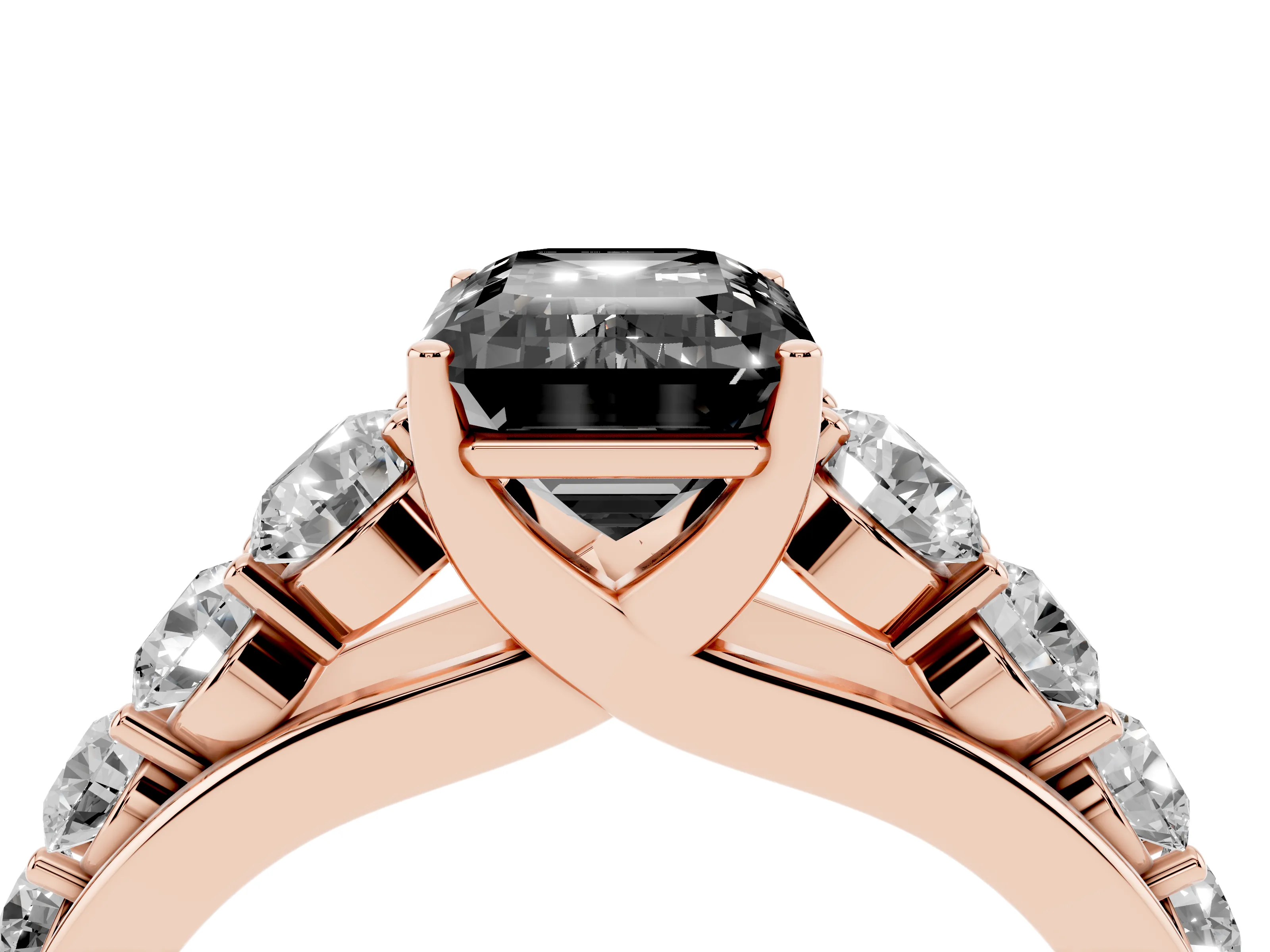 Fancy Black Emerald Cut Diamond Solitaire Ring Set in Rose gold with Pavé-Set Band and Prong Setting