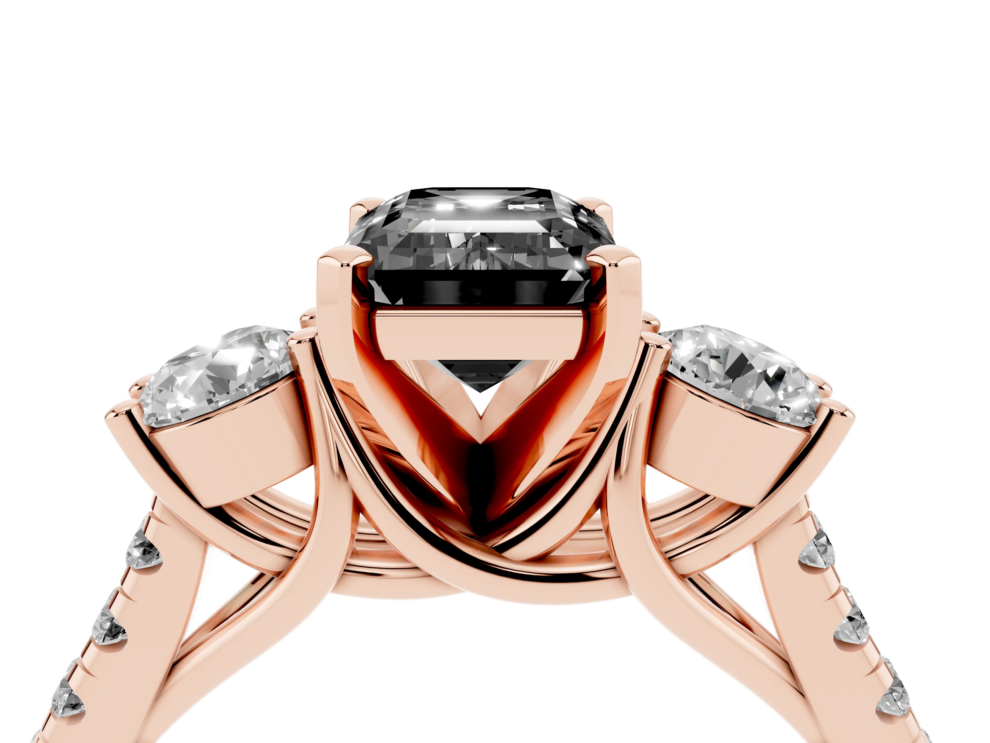 Fancy Black Three-Stone Emerald Cut Diamond Pavé Band Ring Set in Rose gold with Prong-Set Trio