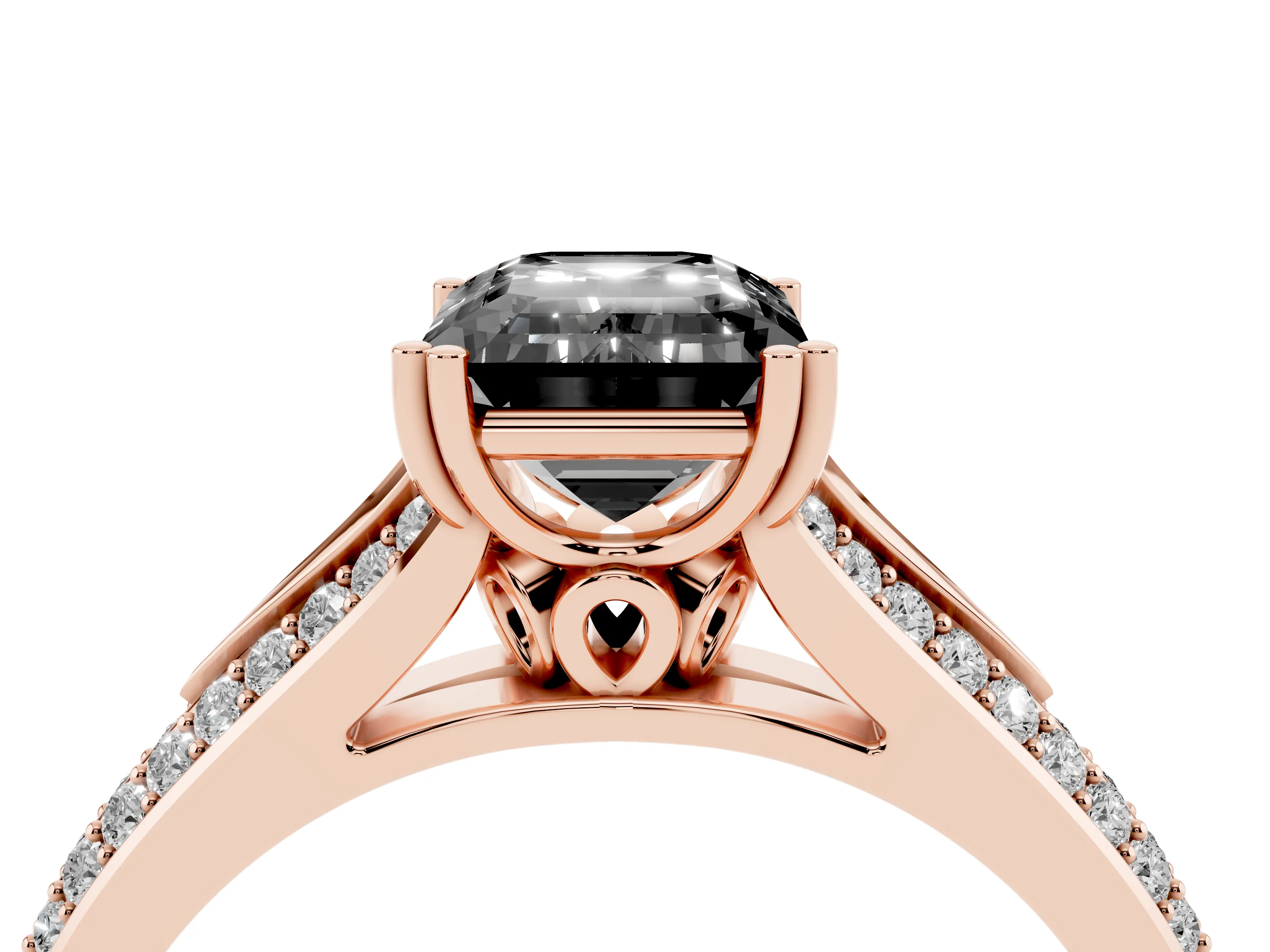 Fancy Black Emerald Cut Diamond Split Shank Pavé Engagement Ring Set in Rose gold with Prong-Set Center Stone