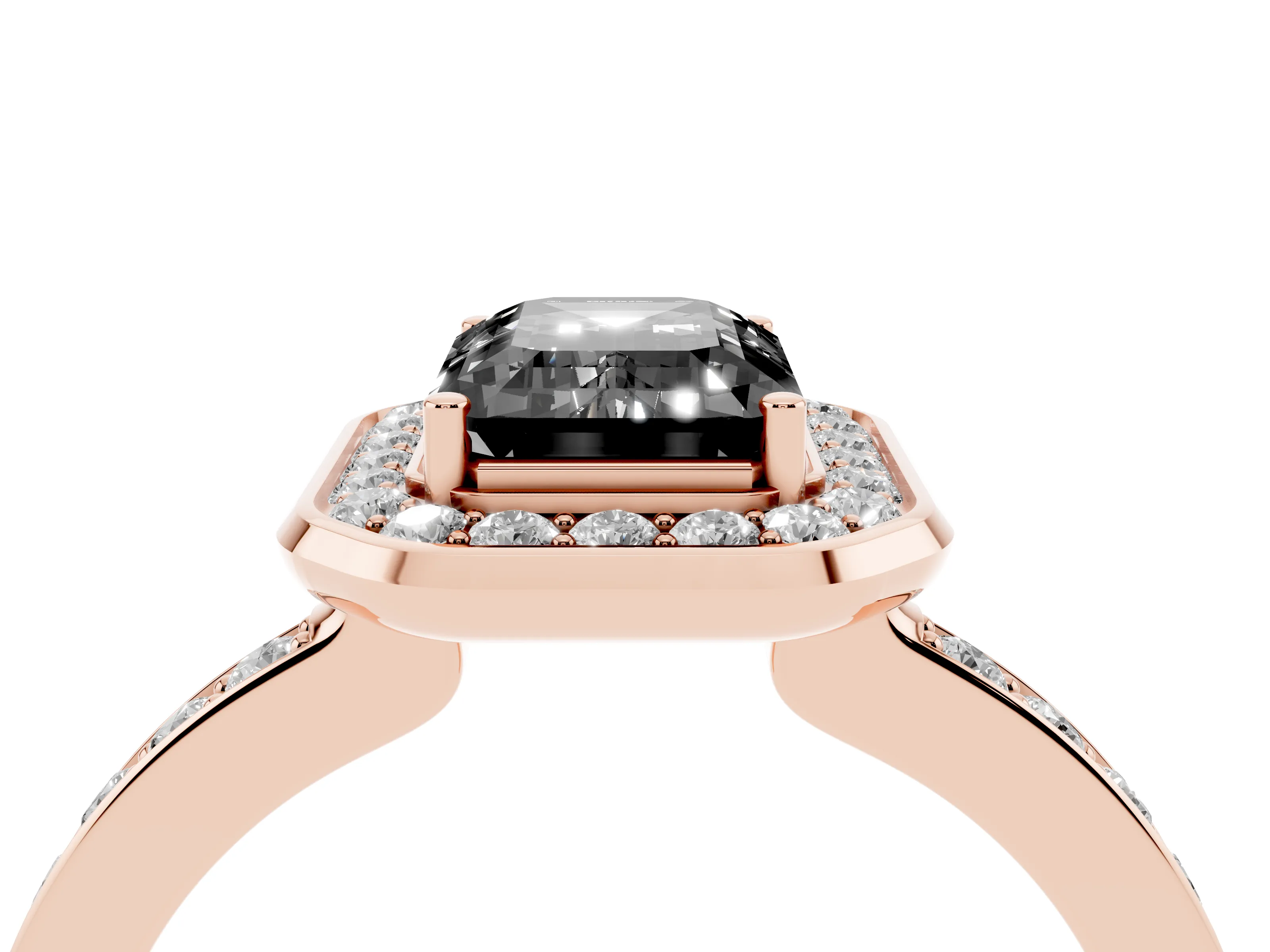 Fancy Black Emerald Cut Diamond Halo Ring Set in Rose gold with Bezel Frame and Pavé Band