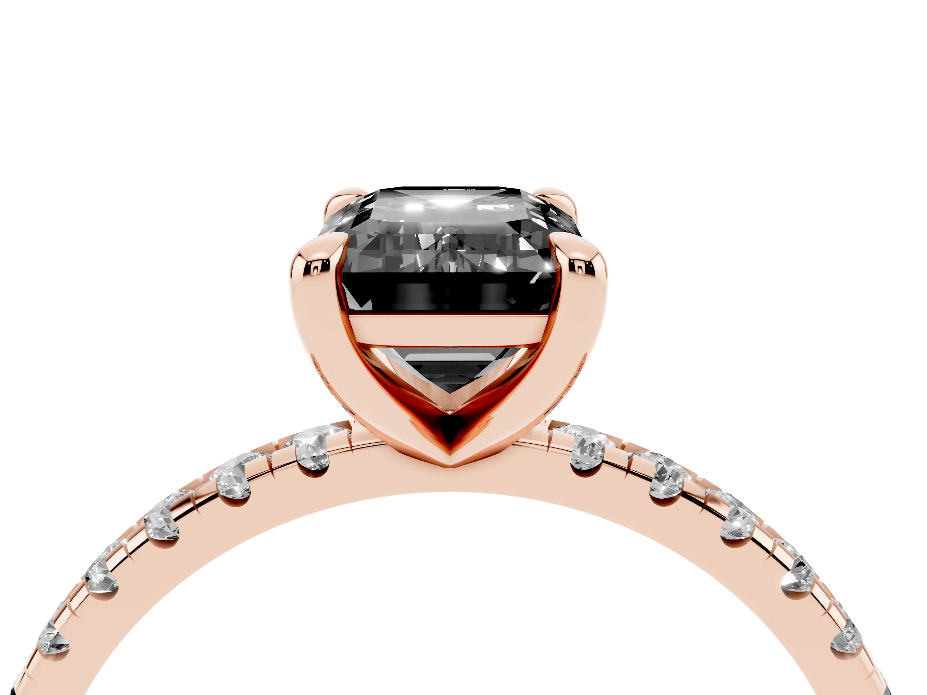 Fancy Black Emerald Cut Diamond Brilliant Solitaire Ring Set in Rose gold with Pavé Band and Prong Setting