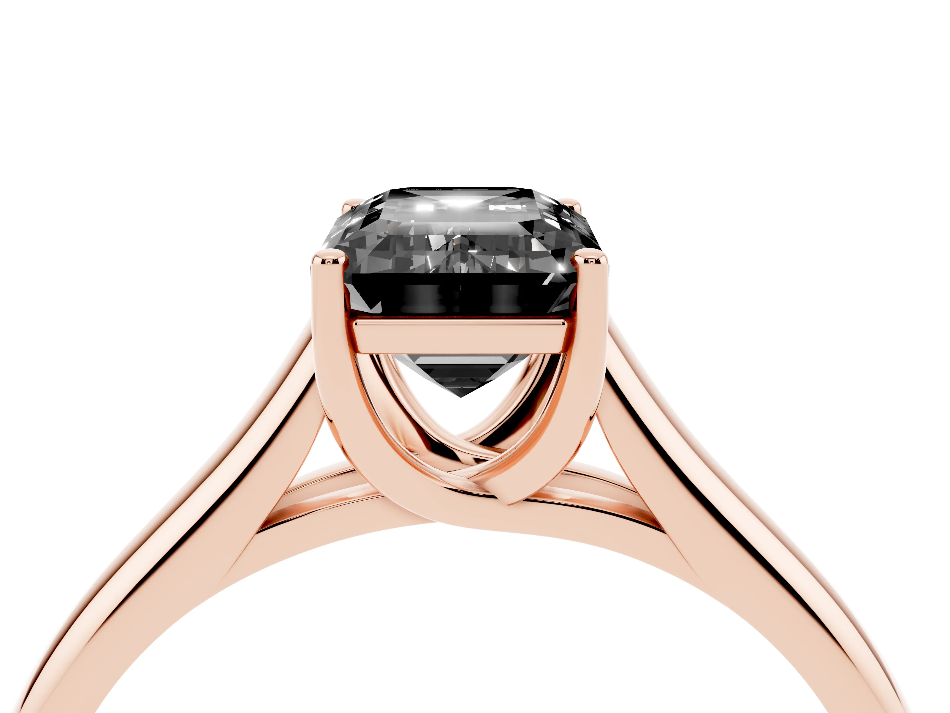 Fancy Black Emerald Cut Diamond Solitaire Engagement Ring Set in Rose gold with Subtly Tapered Band and Prong Setting