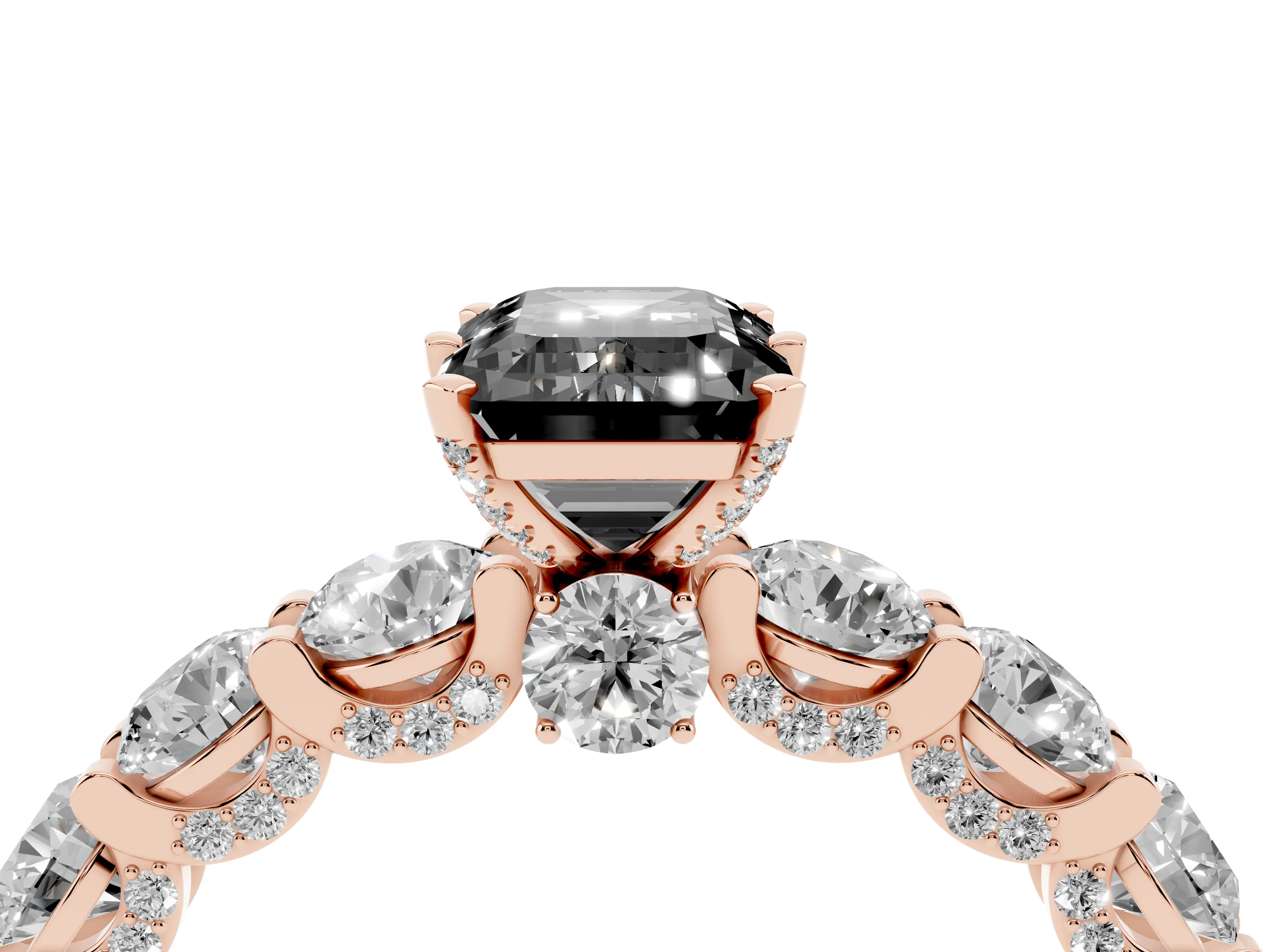 Fancy Black Emerald Cut Diamond Side Stone Ring Set in Rose gold with Alternating Round and Oval Side Stones