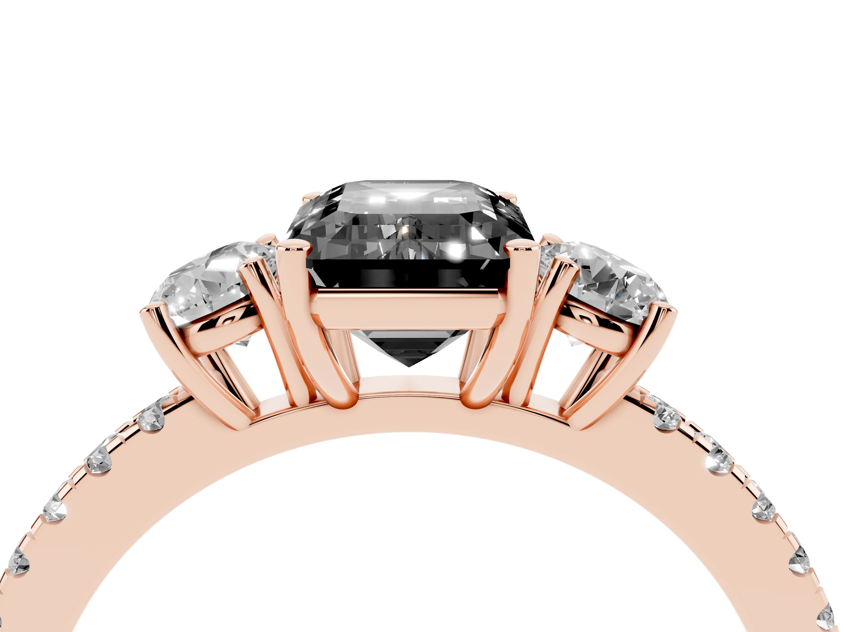 Fancy Black Emerald Cut Diamond Three-Stone Ring Set in Rose gold with Pavé Band and Graduated Sides