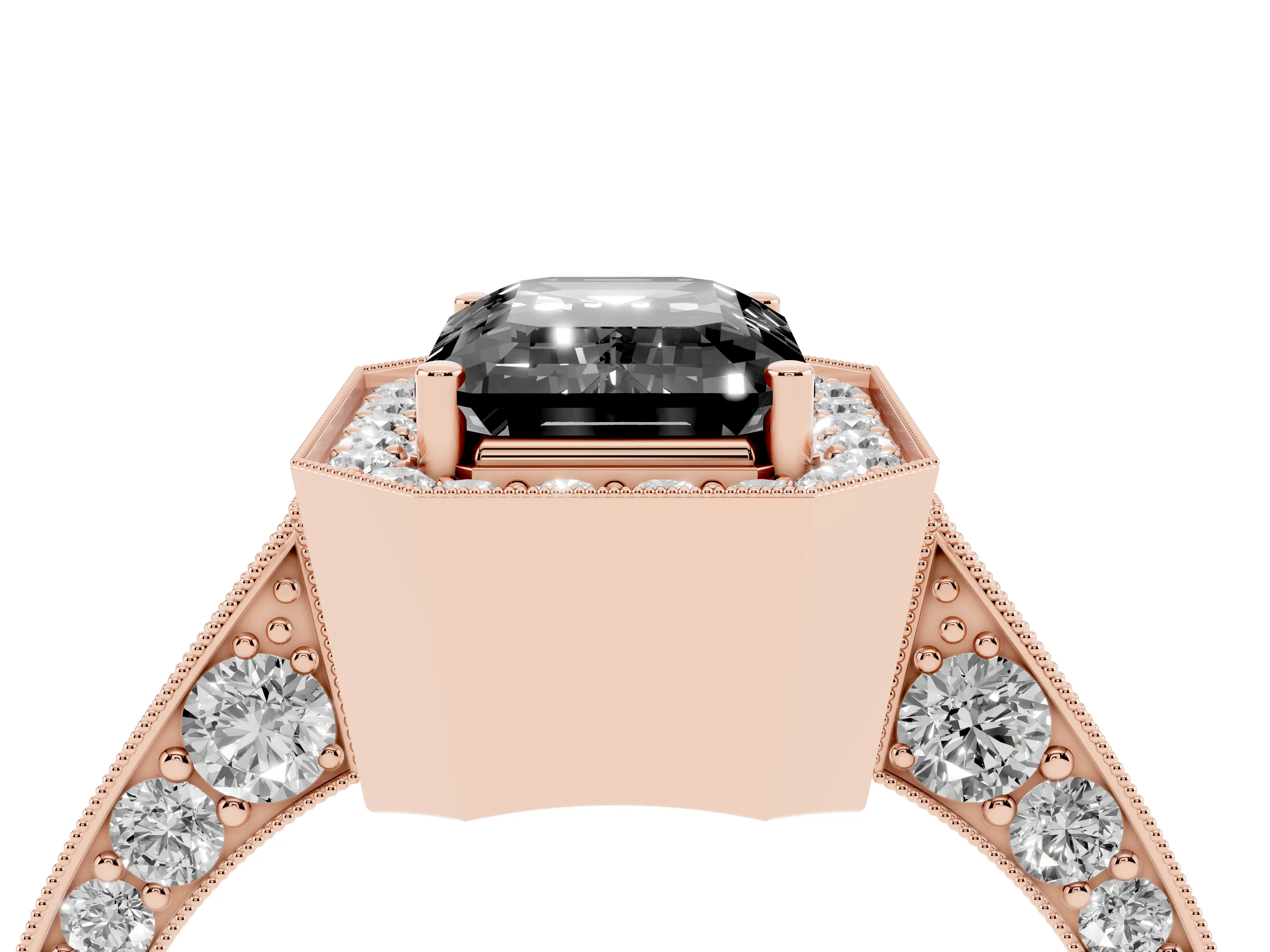 Fancy Black Emerald Cut Diamond Halo Engagement Ring Set in Rose gold with Accent Split Shank Band