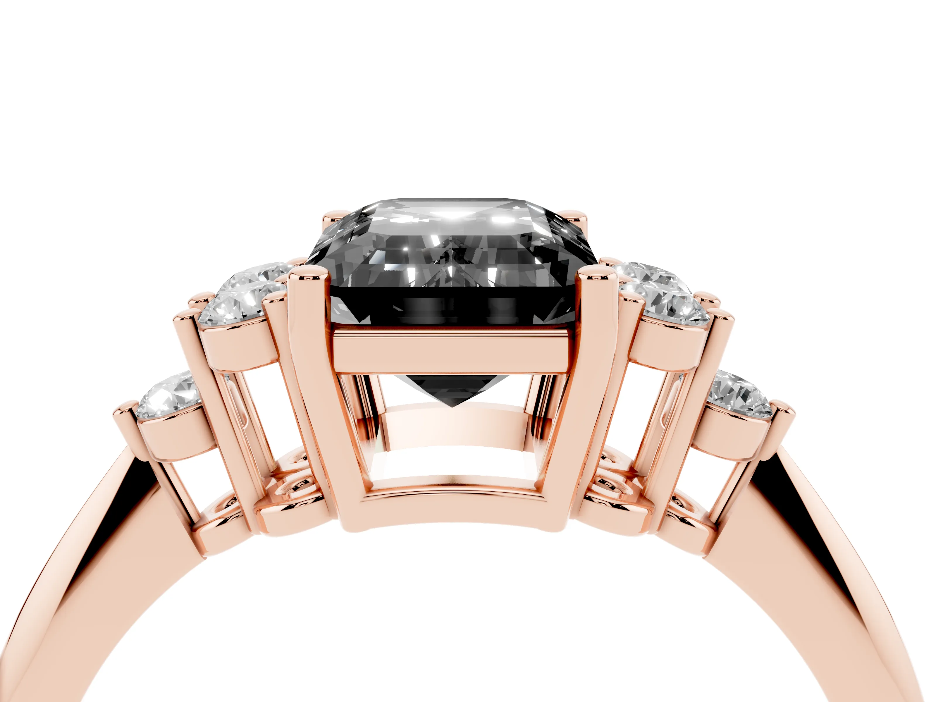 Fancy Black Emerald Cut Diamond Cluster Ring Set in Rose gold with Plain Band and Prong Setting
