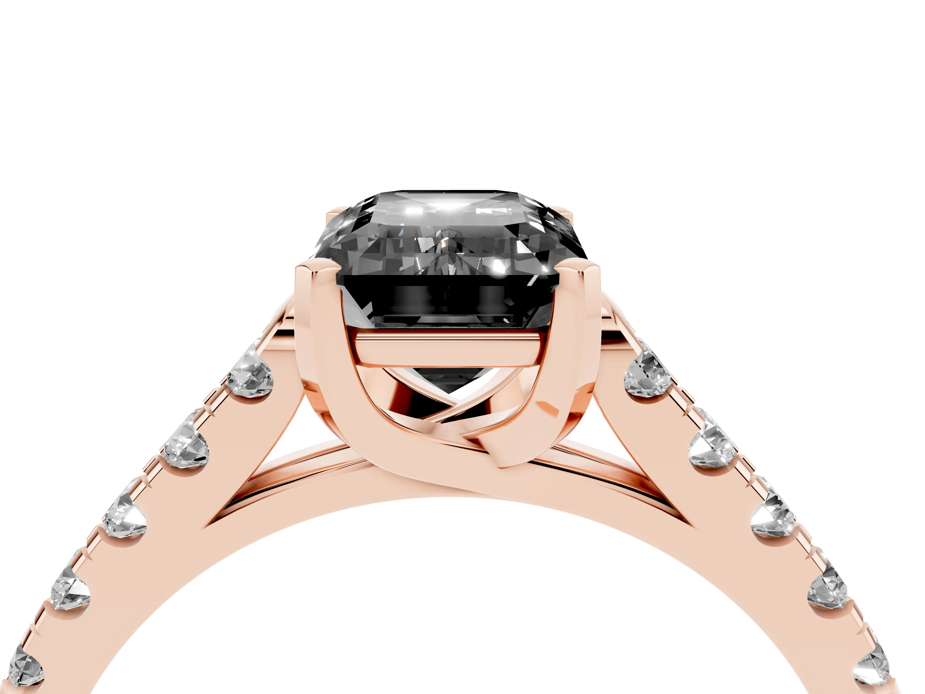 Fancy Black Emerald Cut Diamond Pavé Band Solitaire Ring Set in Rose gold with Partway Accent Stones and Prong Setting