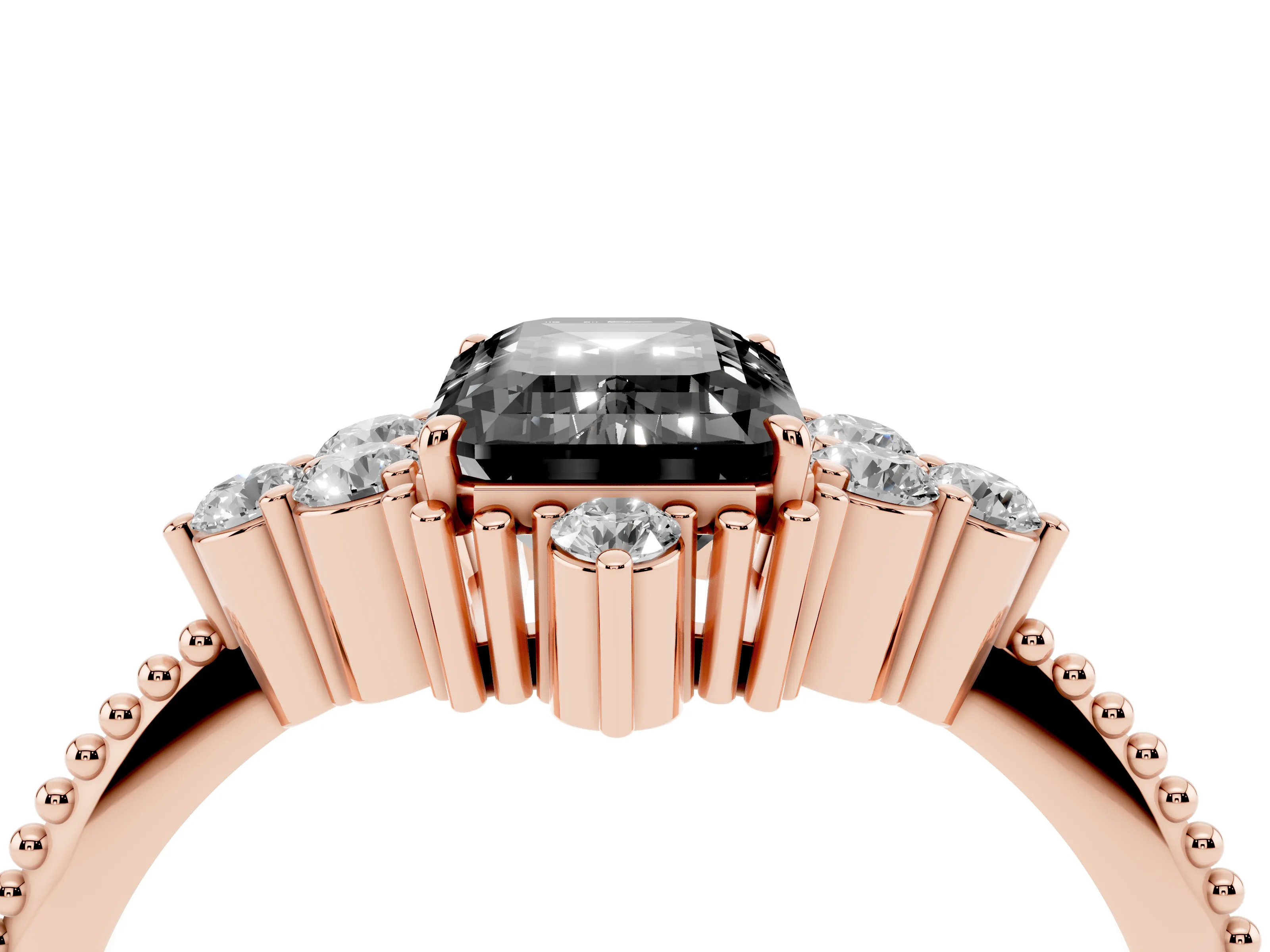 Fancy Black Emerald Cut Diamond Cluster Ring Set in Rose gold with Beaded Band