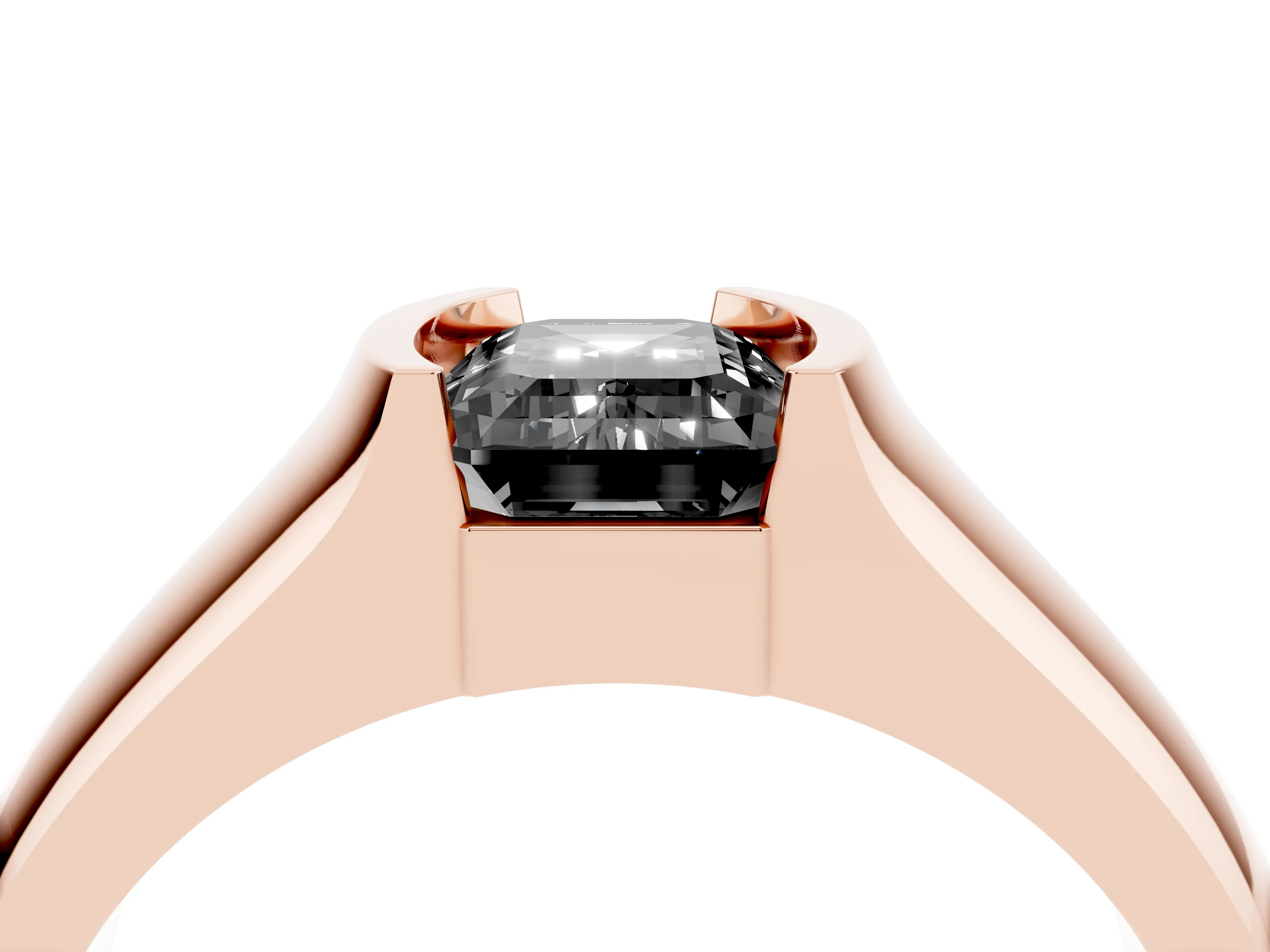 Fancy Black Emerald Cut Diamond Bezel Solitaire Ring Set in Rose gold with Wide Band