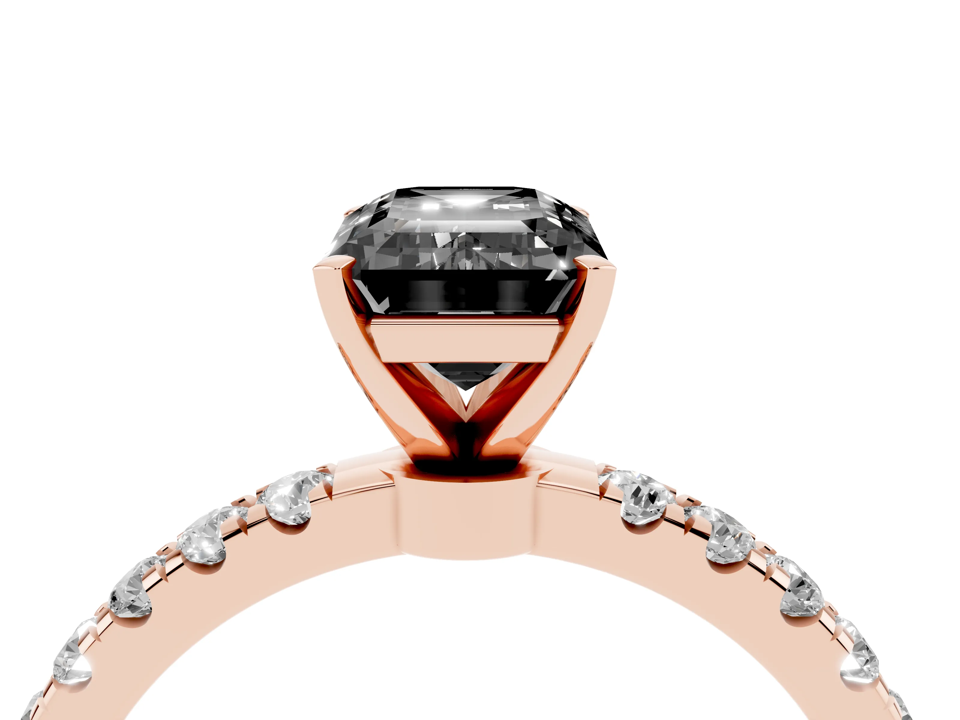 Fancy Black Emerald Cut Diamond Solitaire Ring Set in Rose gold with Pavé Accents and Prong Setting