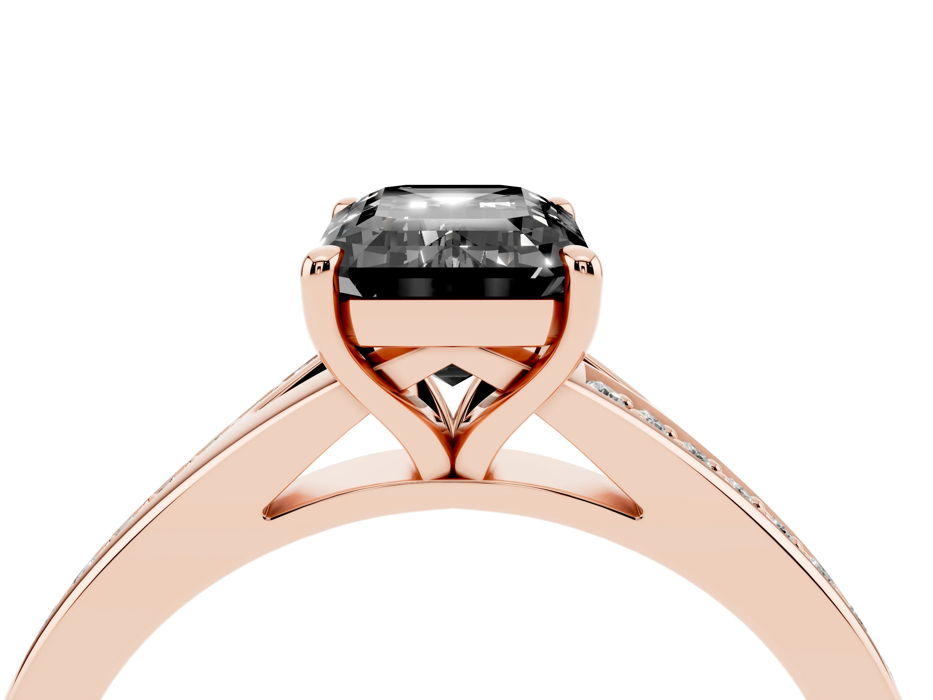 Fancy Black Emerald Cut Diamond Solitaire Ring Set in Rose gold with Pavé Accent Band and Classic Prong Setting
