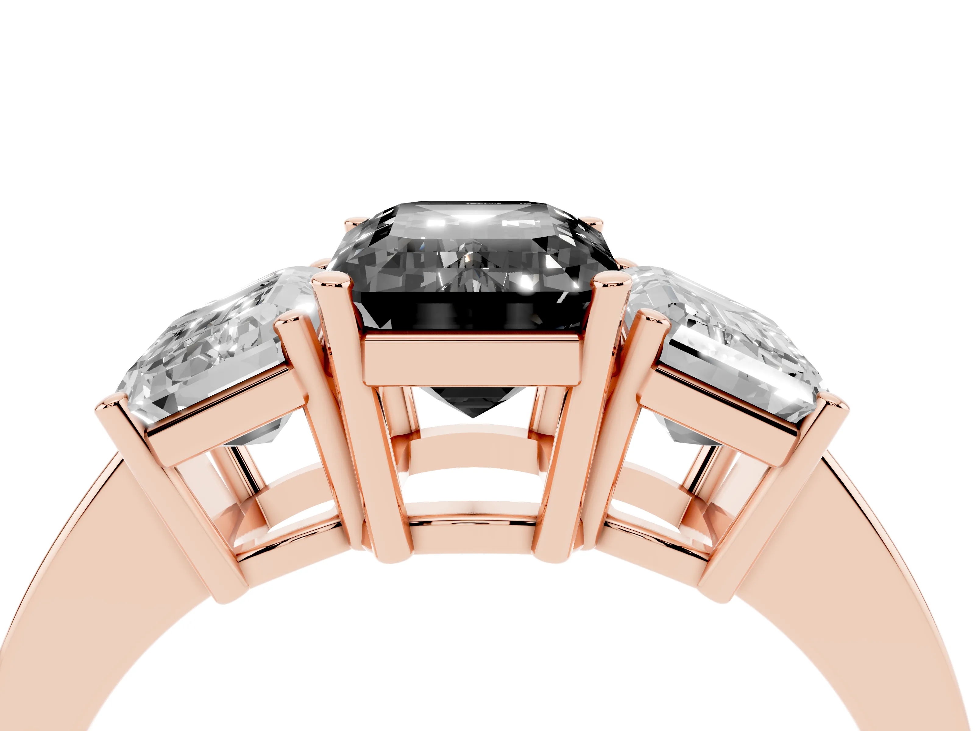 Fancy Black Emerald Cut Diamond Three-Stone Engagement Ring Set in Rose gold with Flat Band