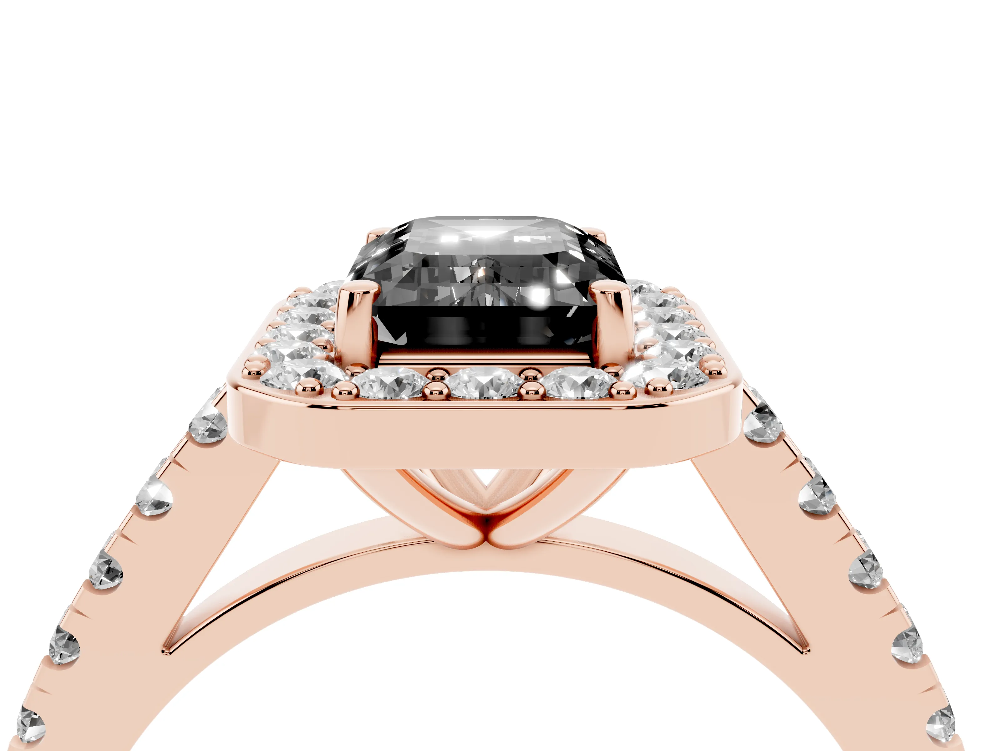 Fancy Black Emerald Cut Diamond Halo Ring Set in Rose gold with Round Pavé Split Shank and Prong Setting