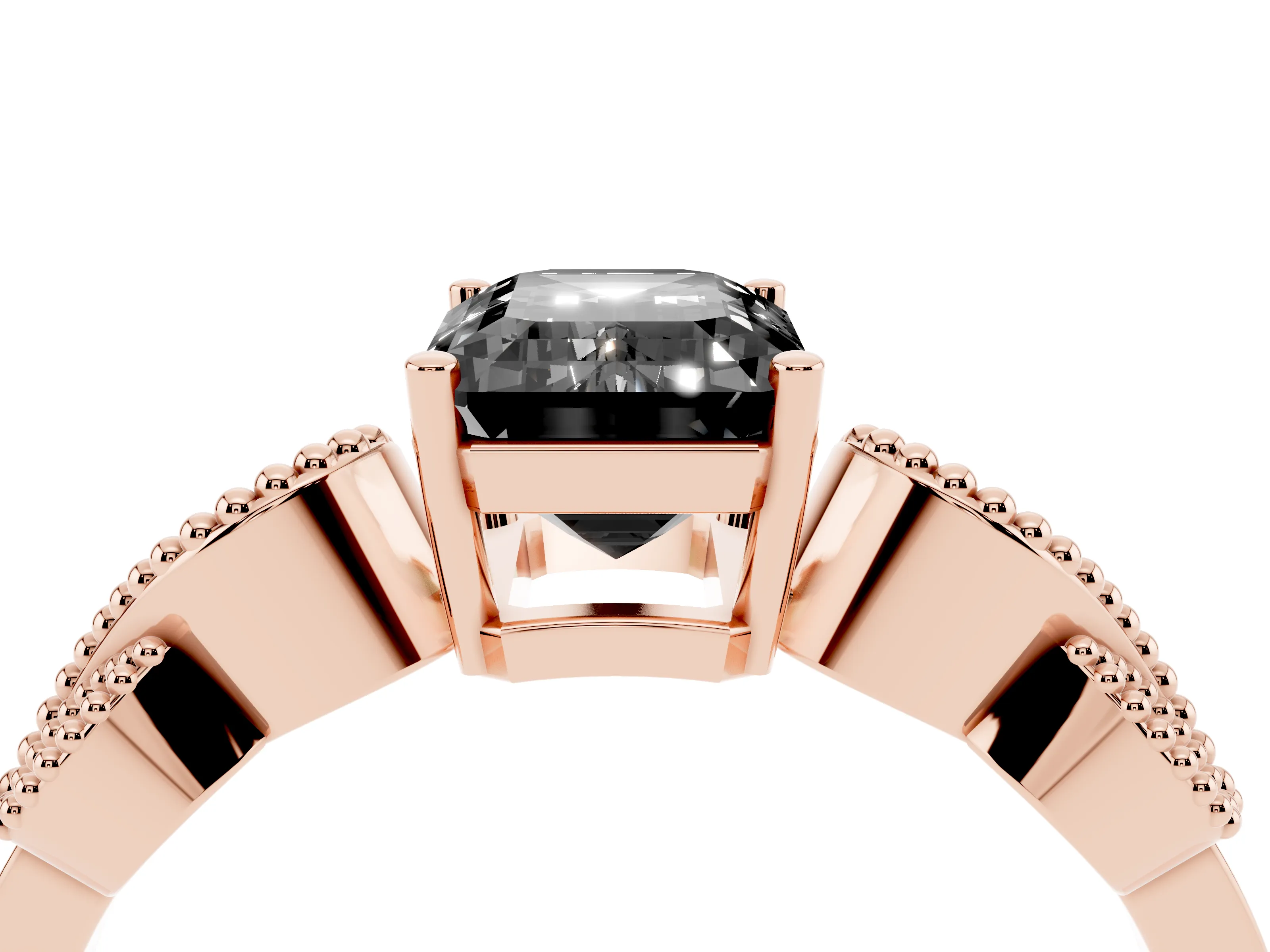 Fancy Black Emerald Cut Diamond Milgrain Leaf Band Solitaire Ring Set in Rose gold with Accent Stones and Prong Setting