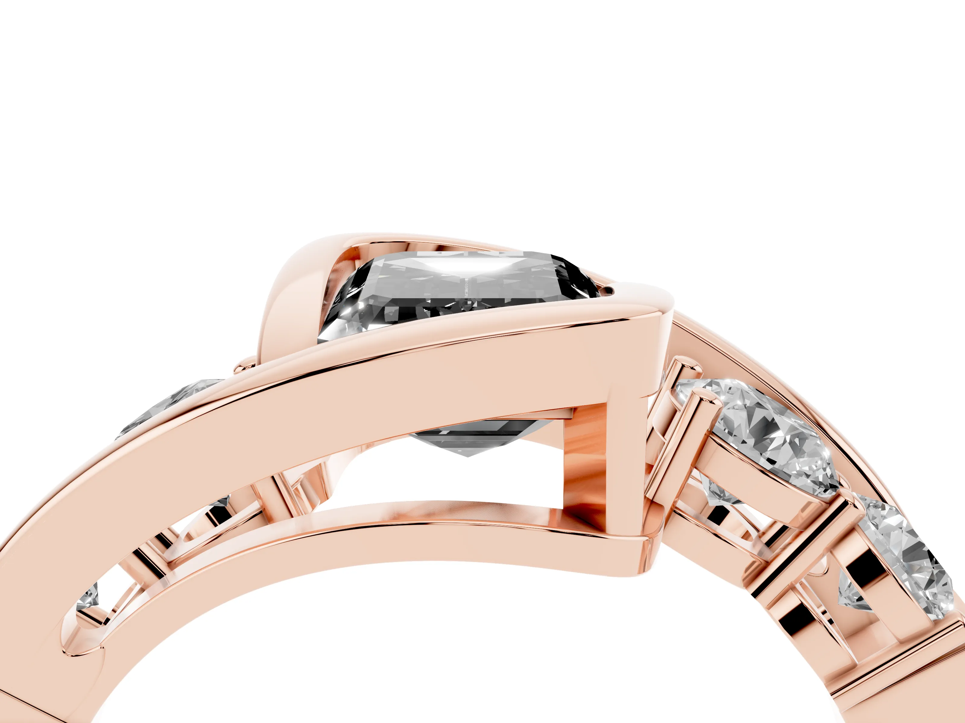 Fancy Black Emerald Cut Diamond Bezel Bypass Ring Set in Rose gold with Round Accents
