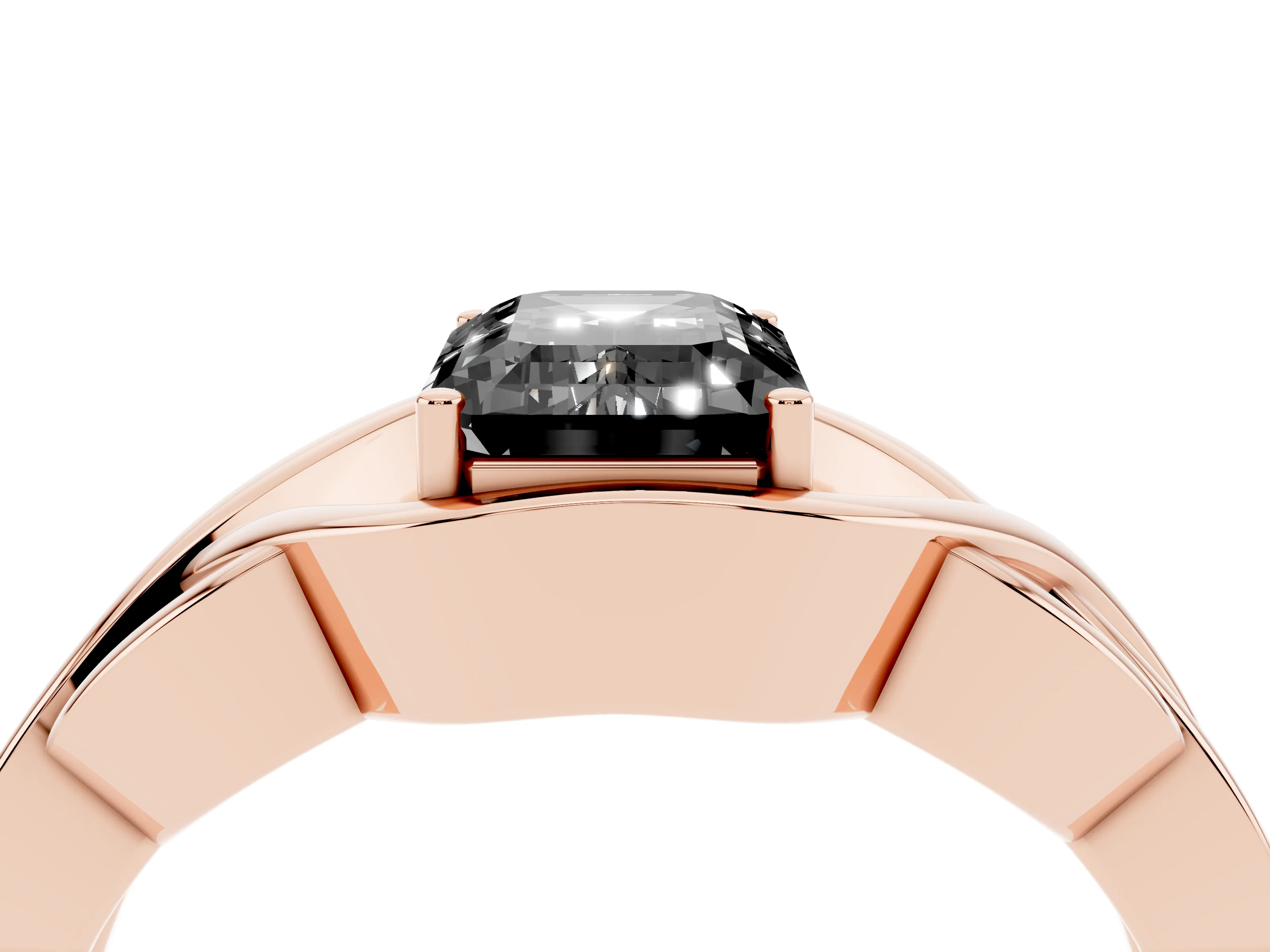 Fancy Black Emerald Cut Diamond Solitaire Ring Set in Rose gold with Intertwined Band