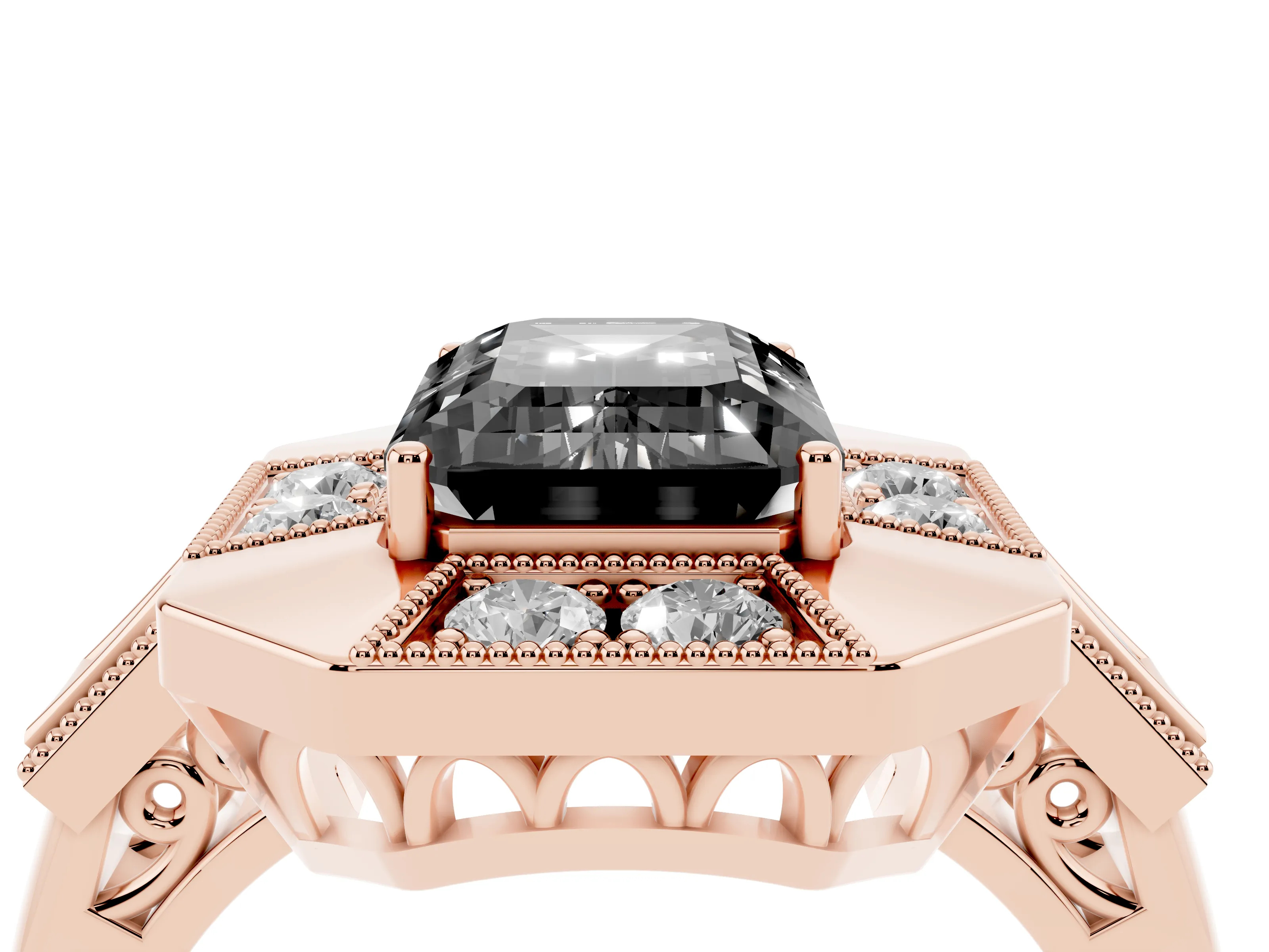 Fancy Black Emerald Cut Diamond Milgrain Halo Ring Set in Rose gold with Split Shank
