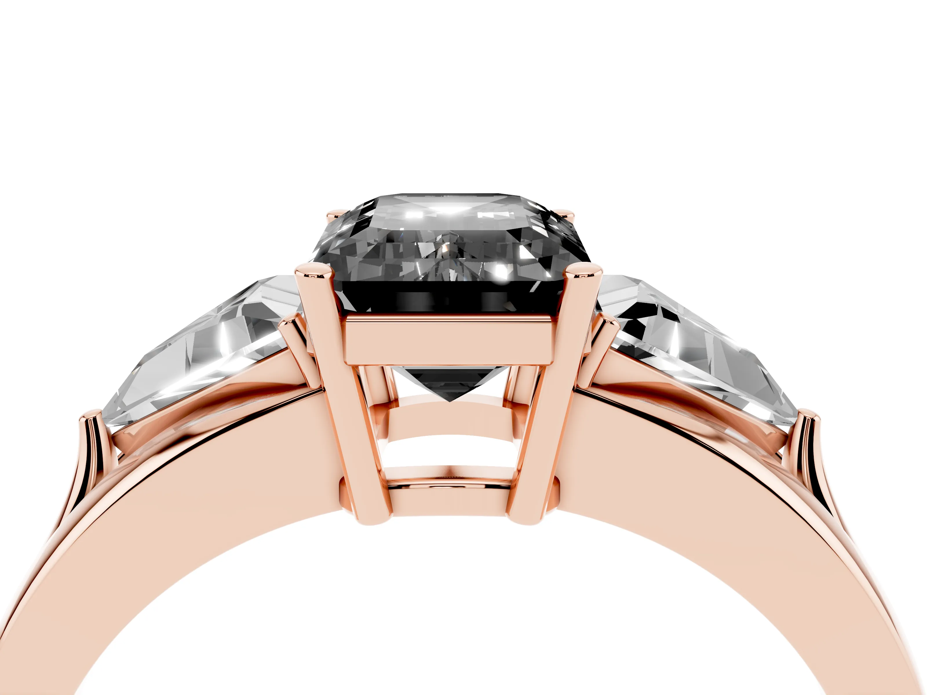 Fancy Black Emerald Cut Diamond Three-Stone Ring Set in Rose gold with Trillion Side Stones and Split Shank
