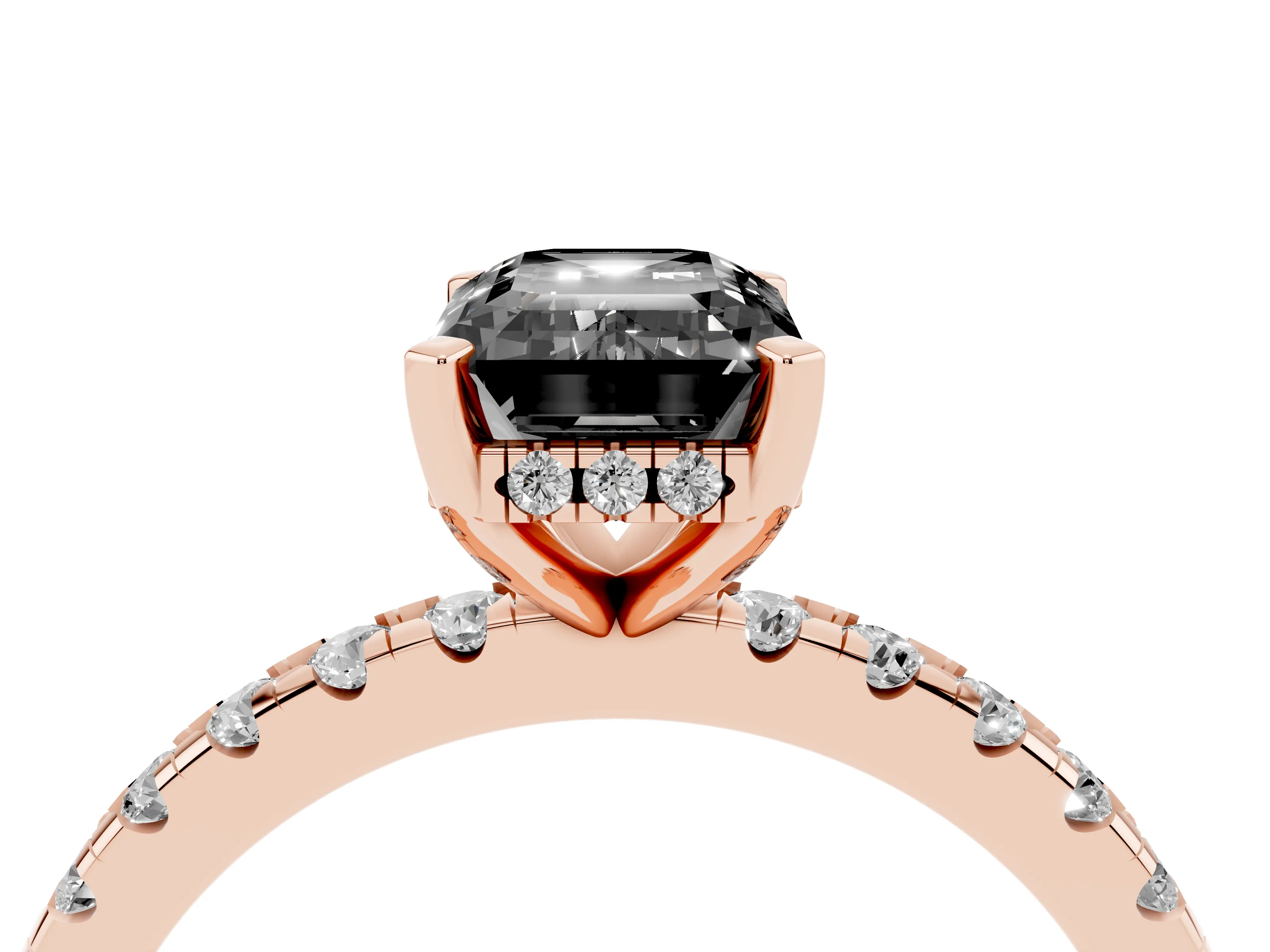 Fancy Black Emerald Cut Diamond Pavé Solitaire Ring Set in Rose gold with Round Band Accents and Prong Setting