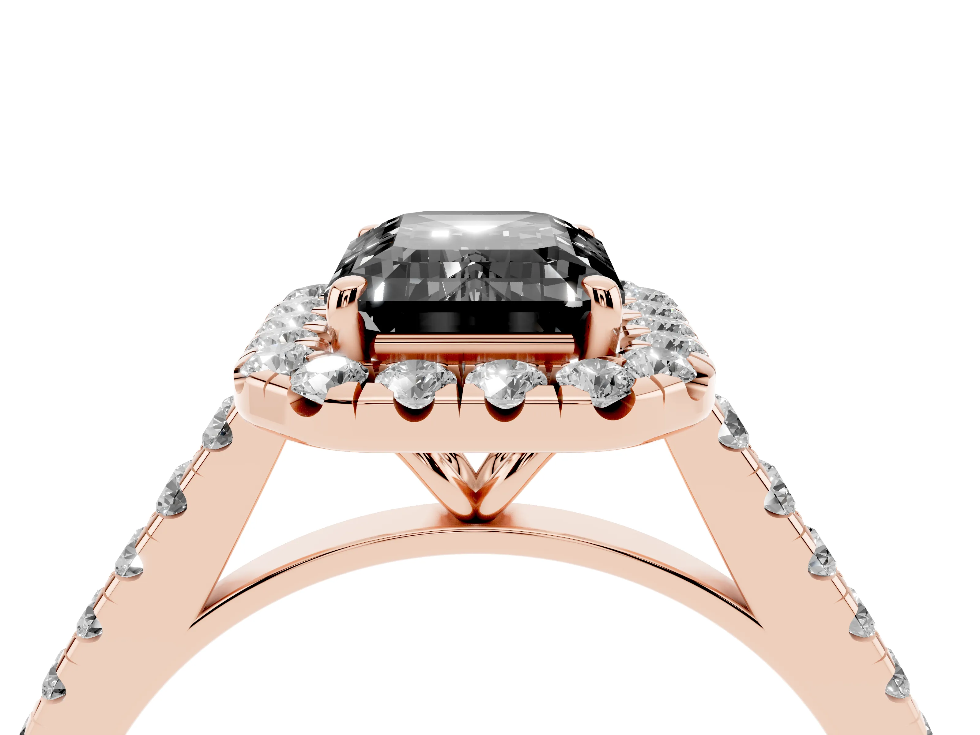 Fancy Black Emerald Cut Diamond Halo Pavé Engagement Ring Set in Rose gold with Prong Setting