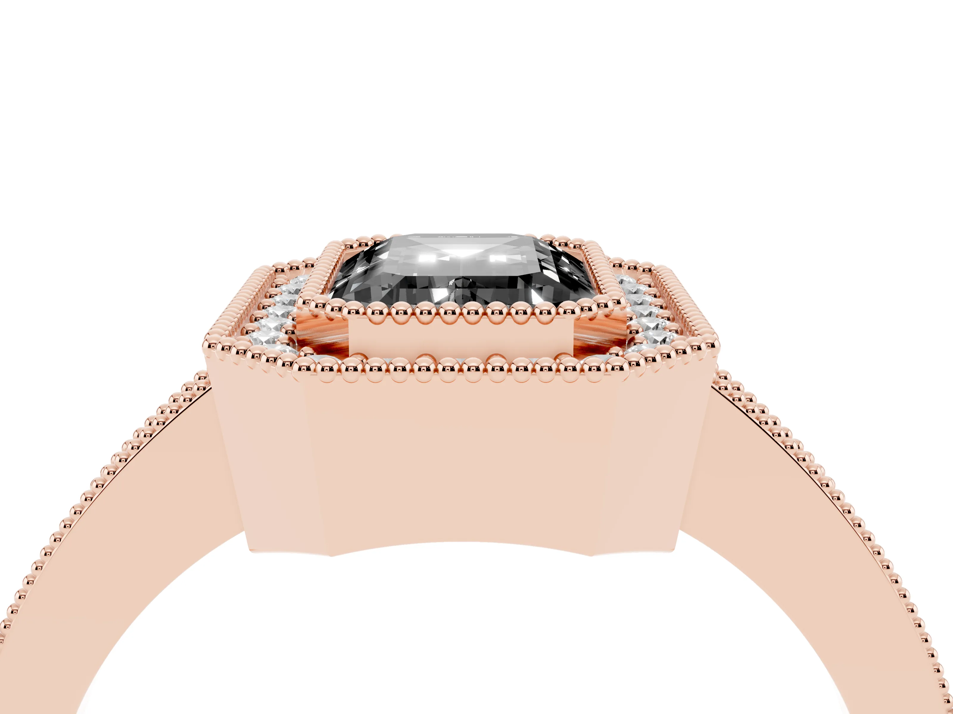 Fancy Black Emerald Cut Diamond Halo Engagement Ring Set in Rose gold with Pavé Band and Round Halo Stones