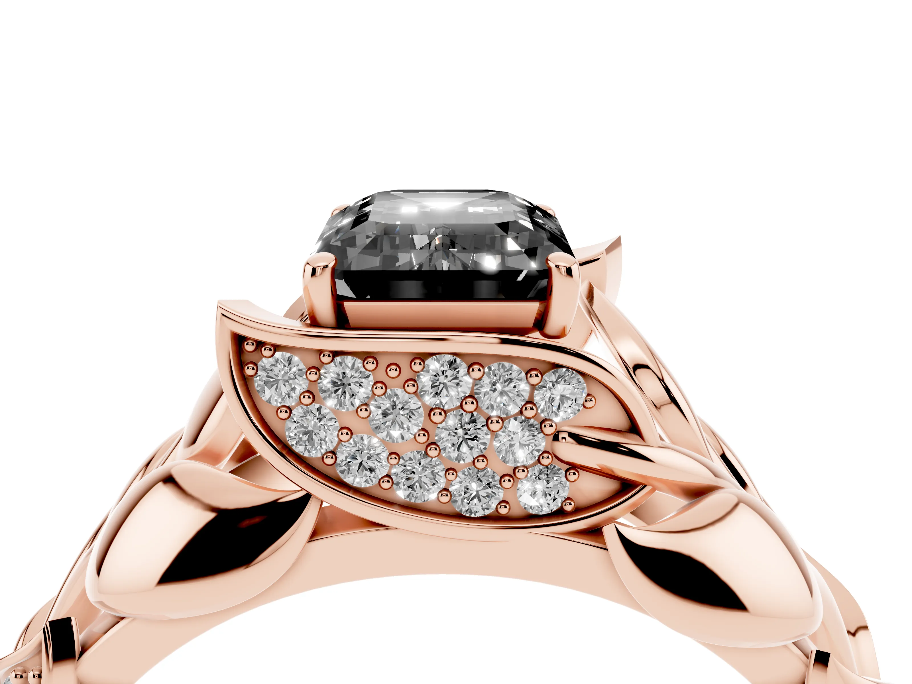 Fancy Black Emerald Cut Diamond Leaf-Inspired Engagement Ring Set in Rose gold with Round Accents