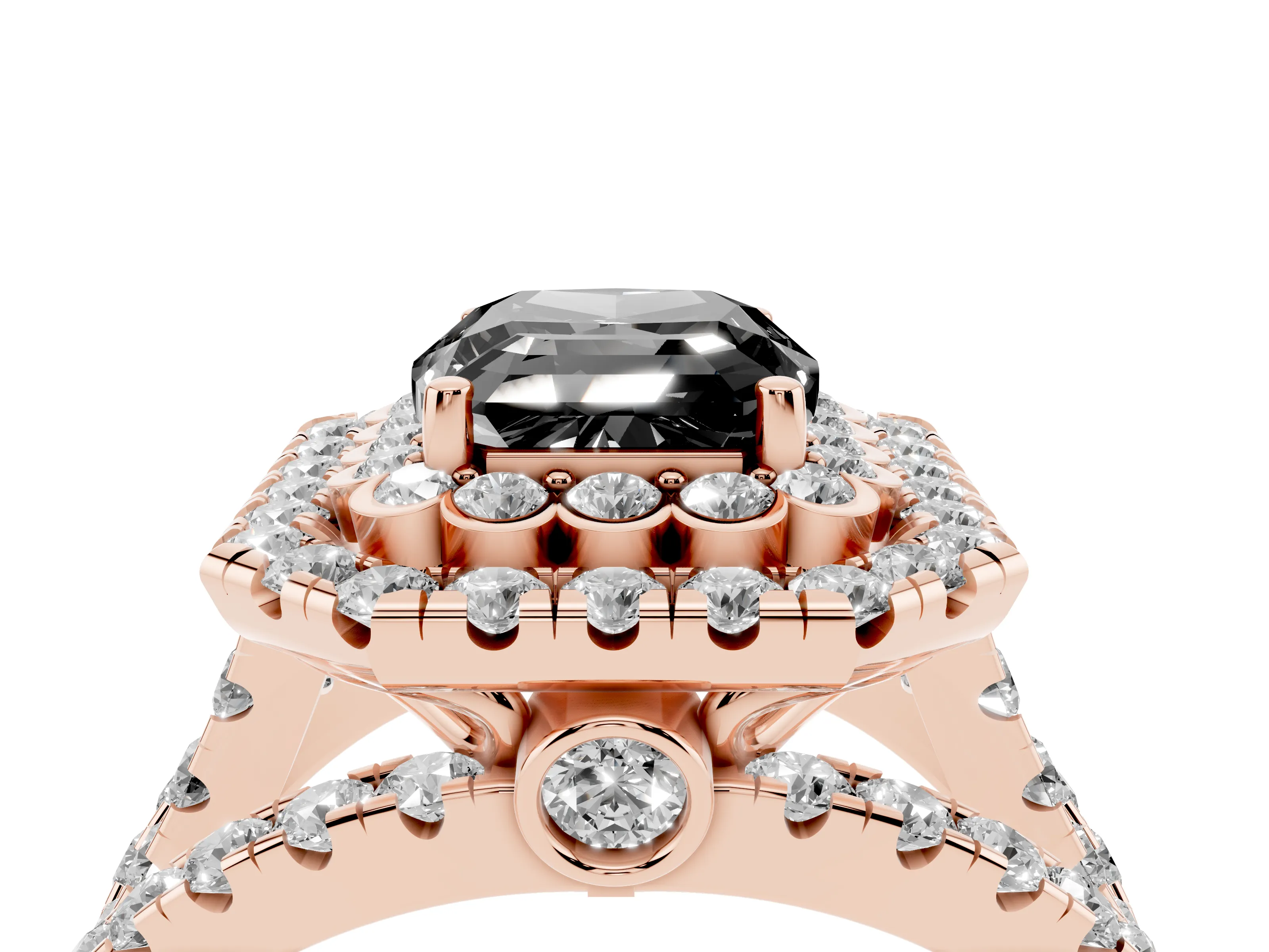 Fancy Black Emerald Cut Diamond Double Halo Ring Set in Rose gold with Round Pavé Split Shank