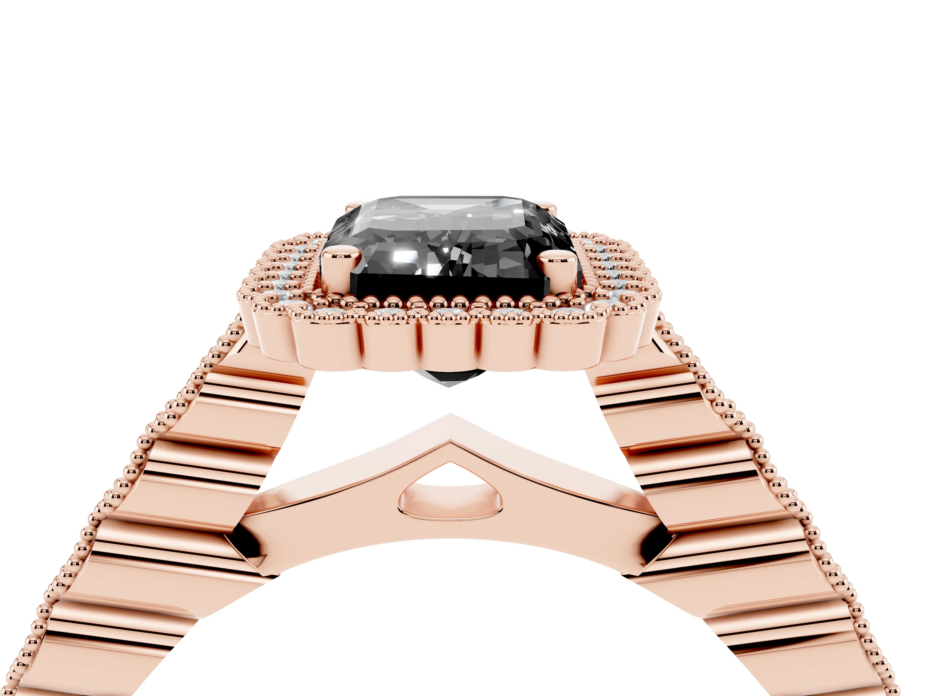 Fancy Black Emerald Cut Diamond Halo Ring Set in Rose gold with Pavé Milgrain Band