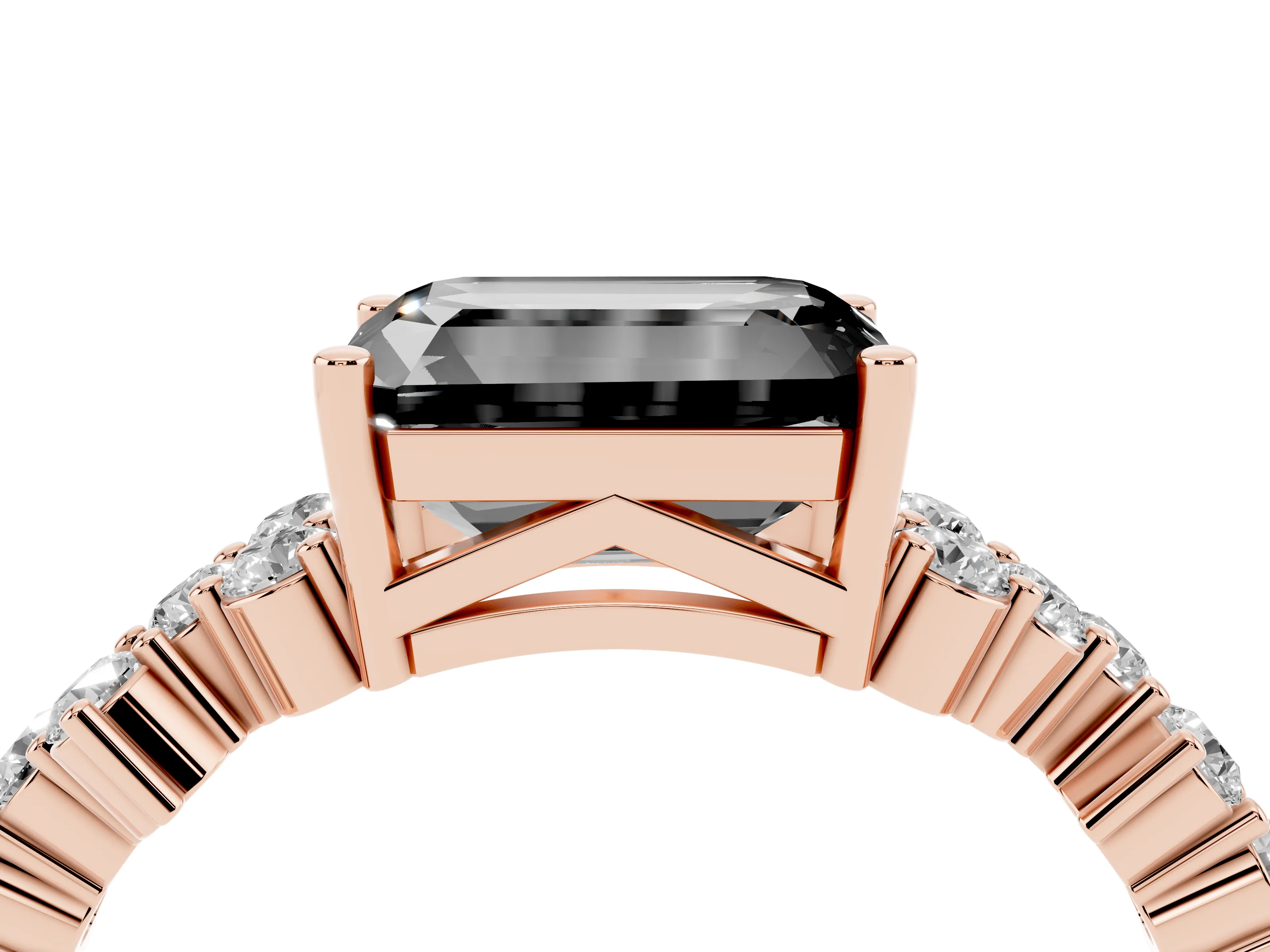 Fancy Black Emerald Cut Diamond Ring Set in Rose gold with Scattered Round Accents