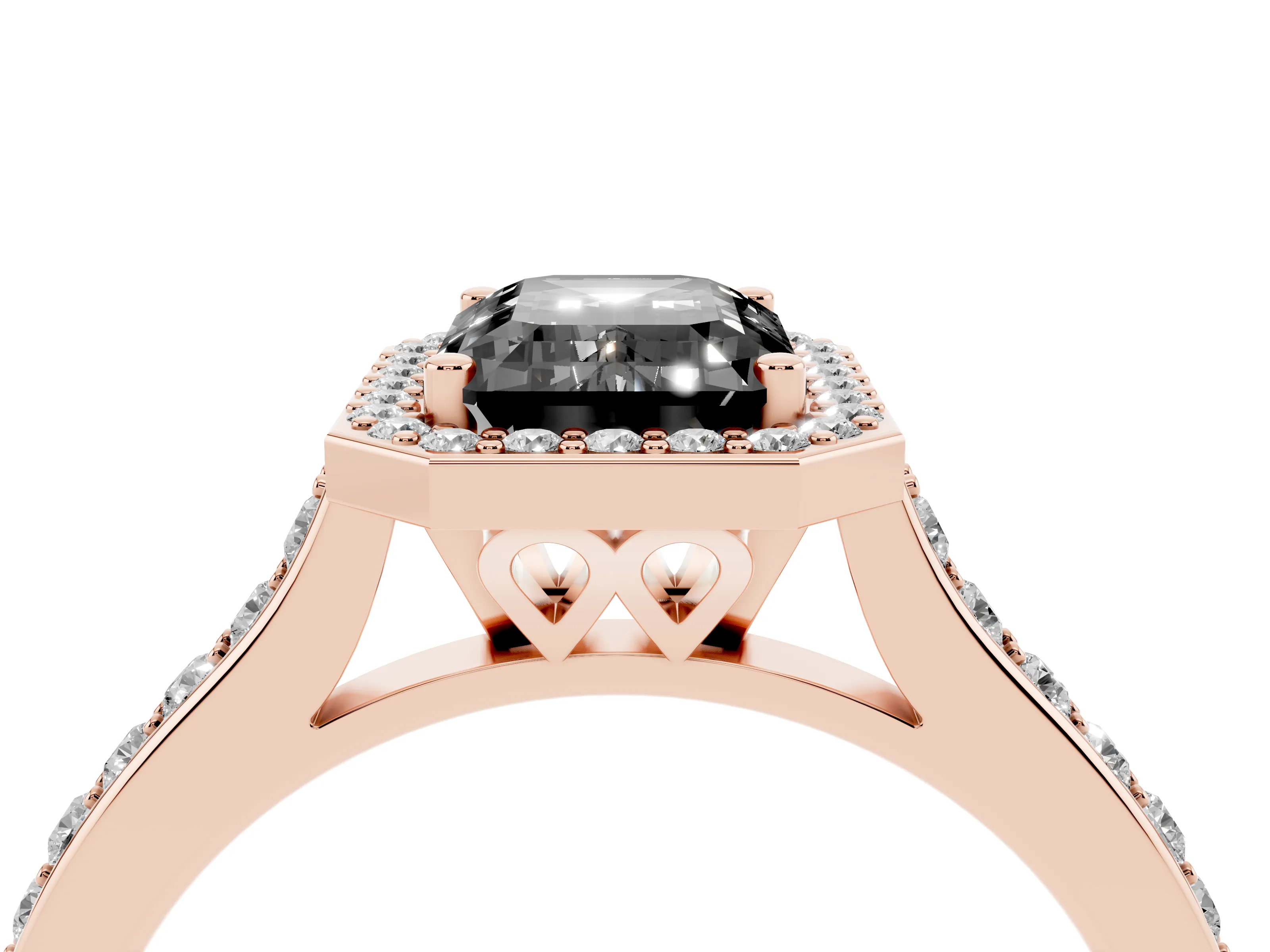 Fancy Black Emerald Cut Diamond Halo Engagement Ring Set in Rose gold with Round Pavé Shoulders and Heart Gallery