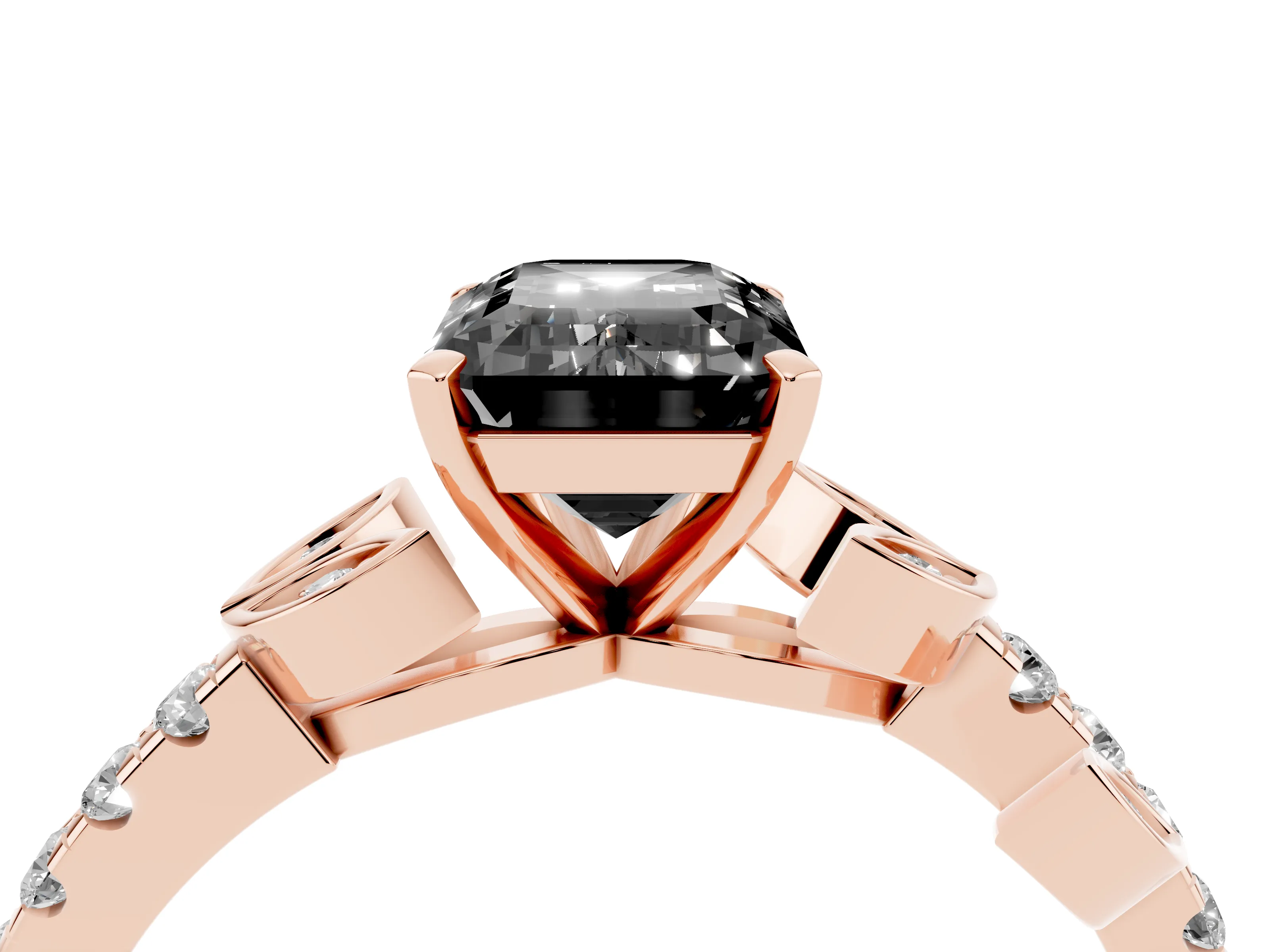 Fancy Black Emerald Cut Diamond Solitaire Leaf-Inspired Ring Set in Rose gold with Pavé Band and Prong Setting