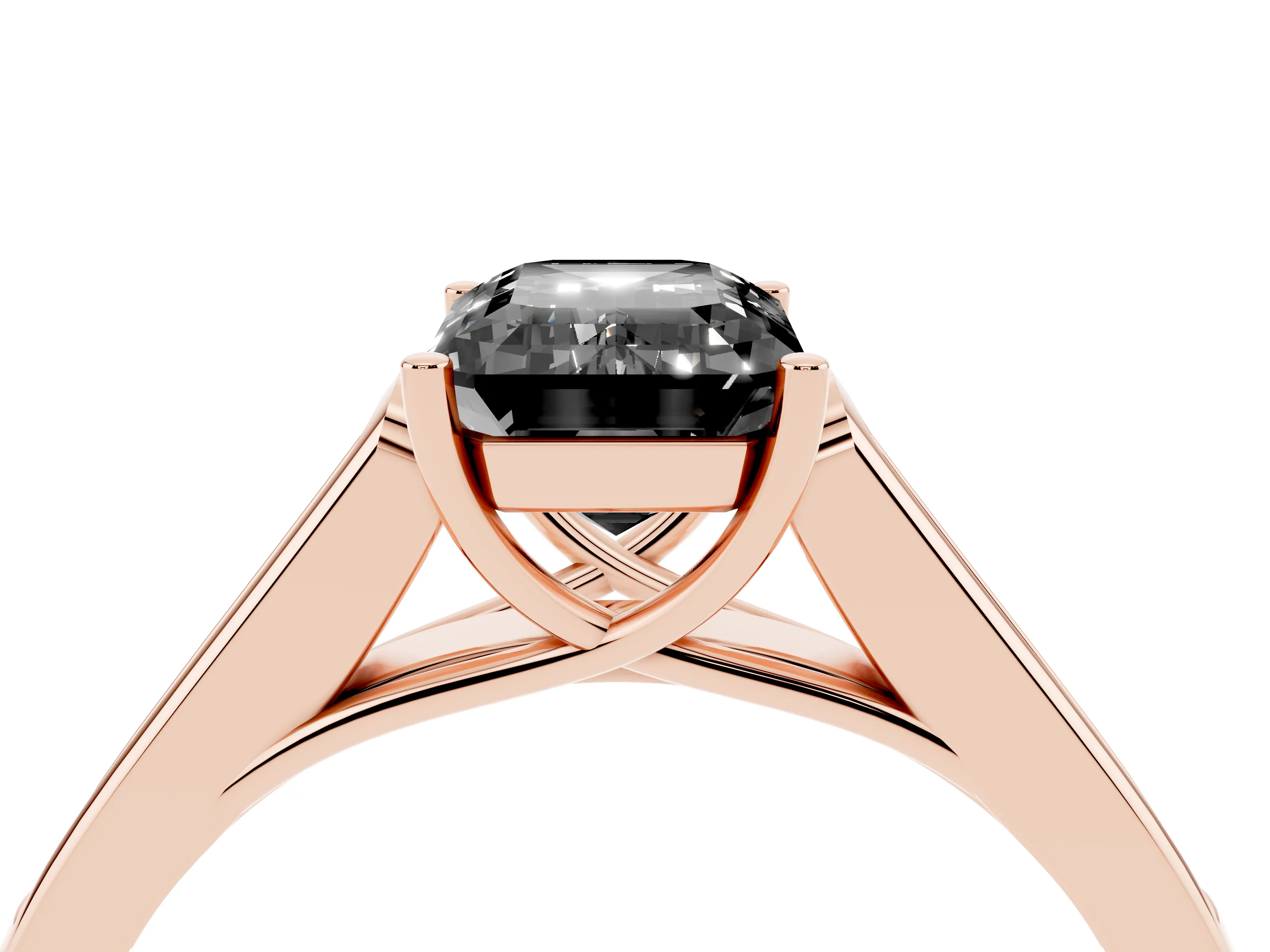 Fancy Black Emerald Cut Diamond Solitaire Cathedral Engagement Ring Set in Rose gold with Channel-Set Band and Prong Setting
