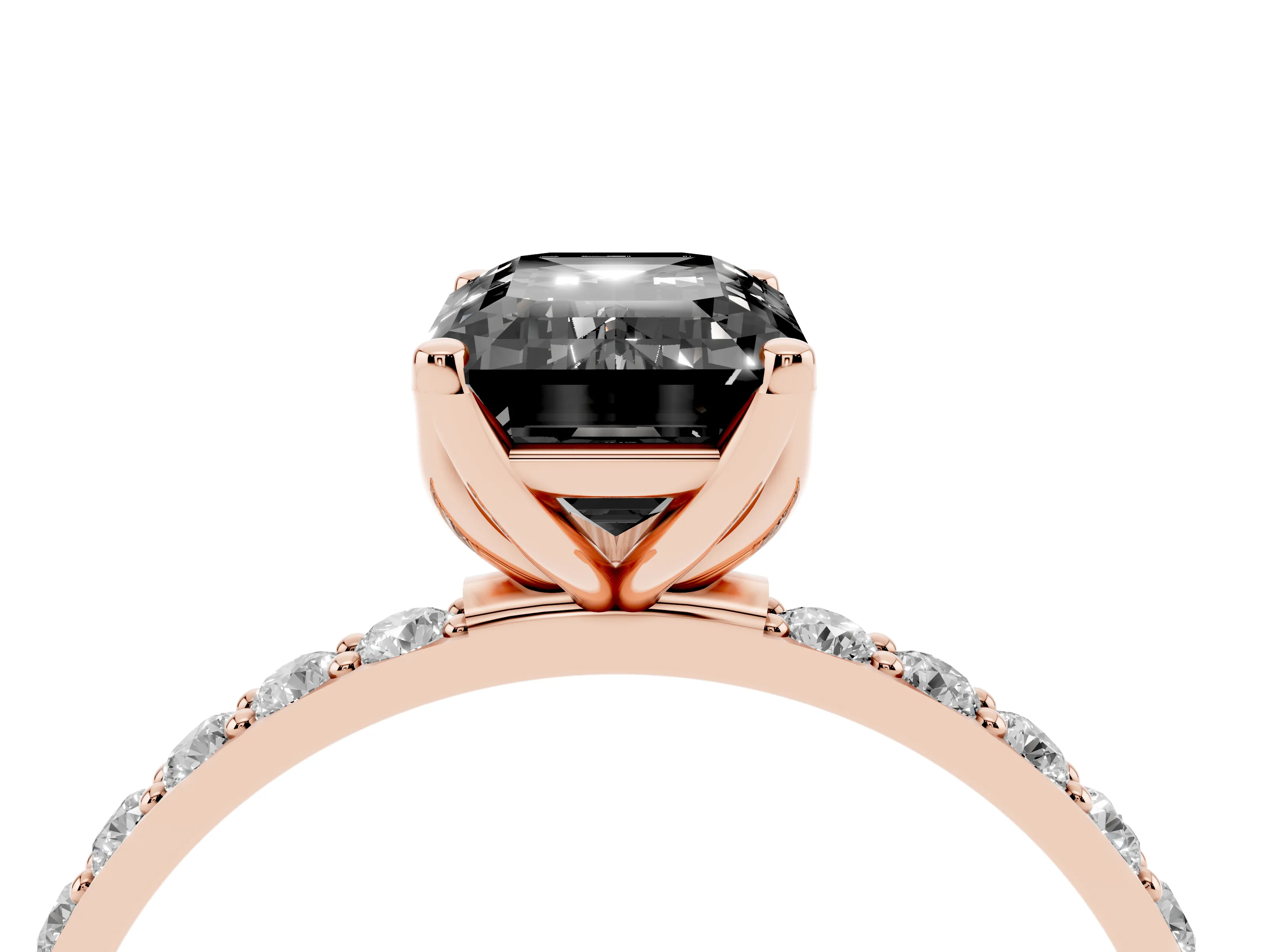 Fancy Black Emerald Cut Diamond Solitaire Engagement Ring Set in Rose gold with Round Pavé Band and Prong Setting