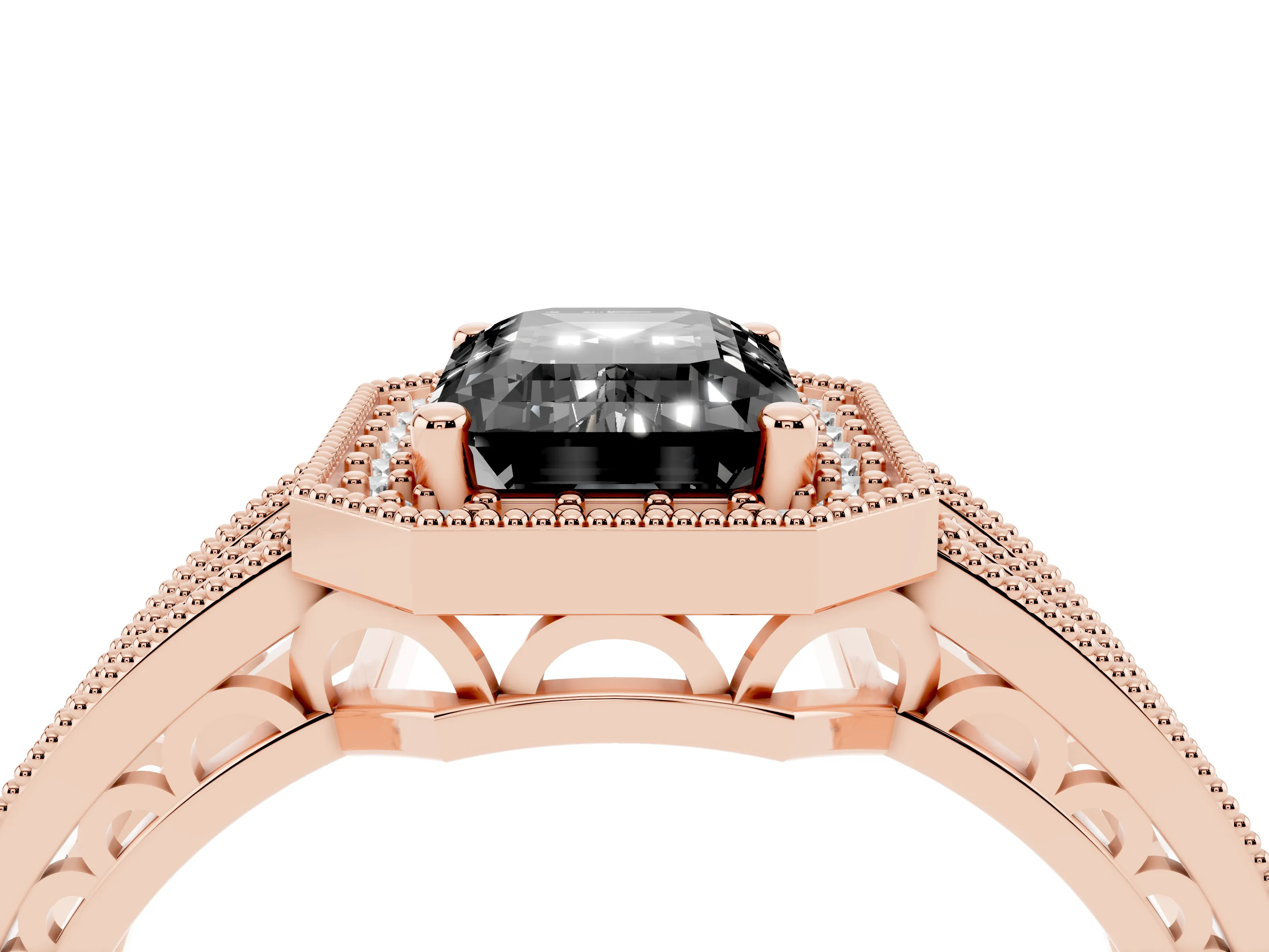 Fancy Black Emerald Cut Diamond Halo Ring Set in Rose gold with Accent Split Shank and Prong Setting