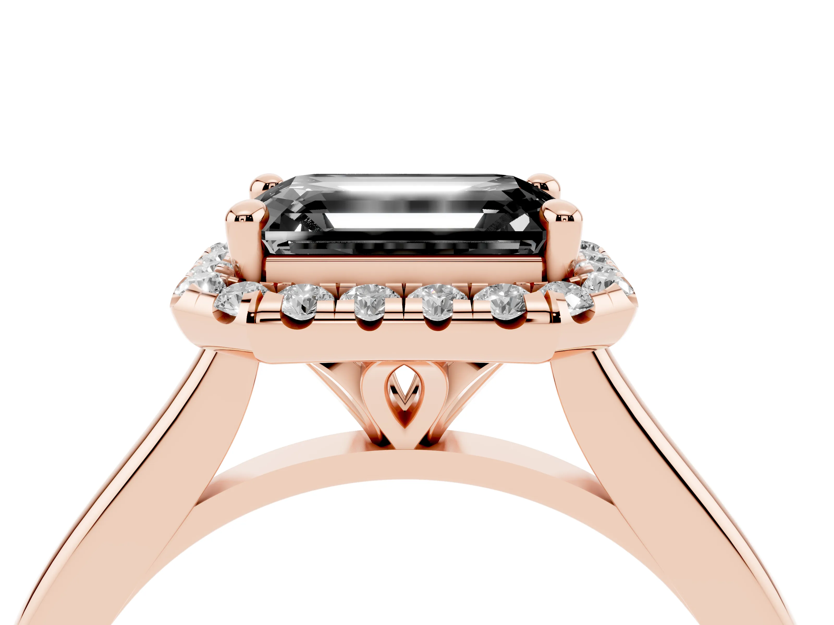 Fancy Black Emerald Cut Diamond Halo Engagement Ring Set in Rose gold with Pavé Band and Rising Shoulders