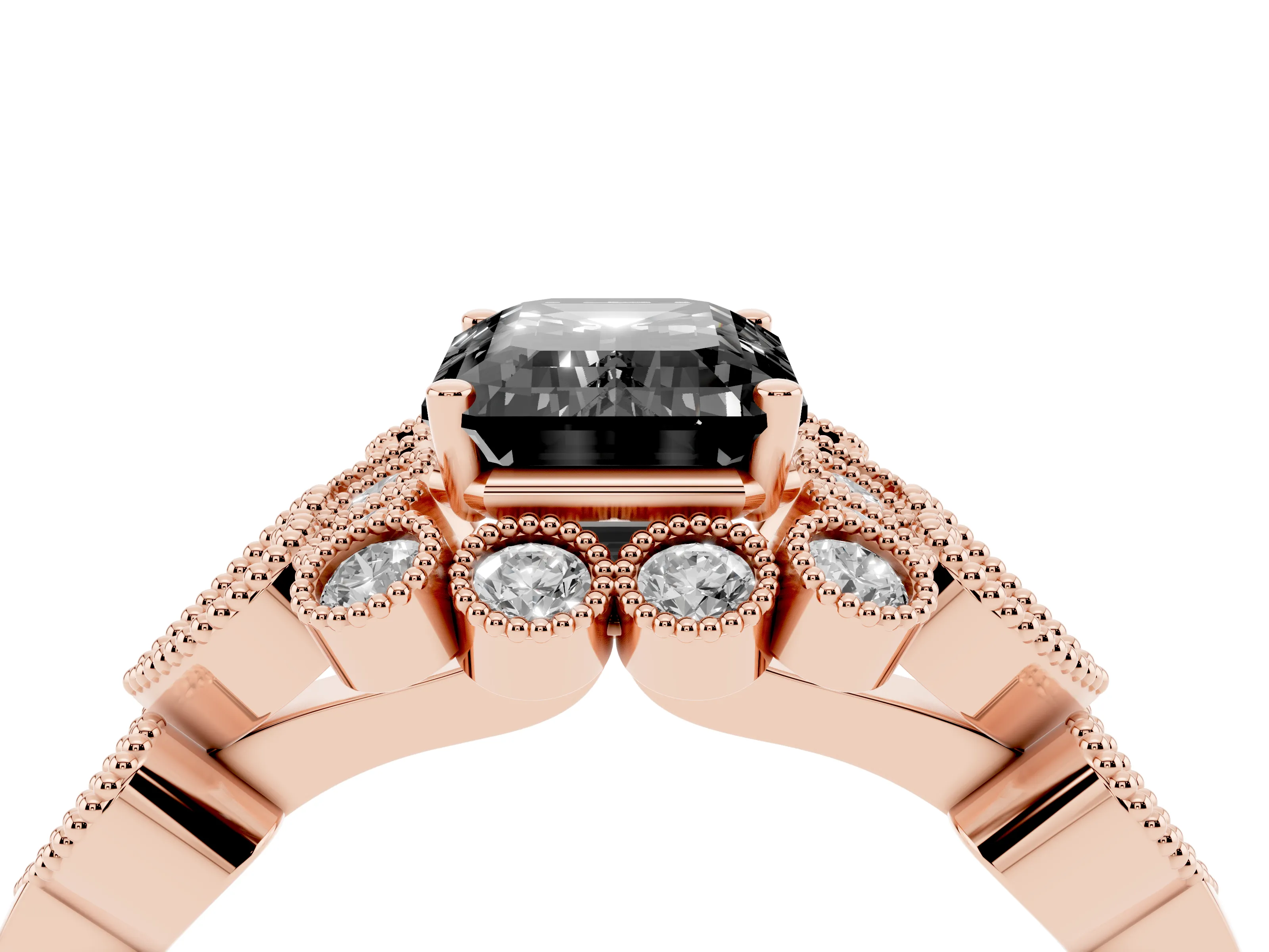Fancy Black Emerald Cut Diamond Solitaire Ring Set in Rose gold with Milgrain Pavé Heart Band