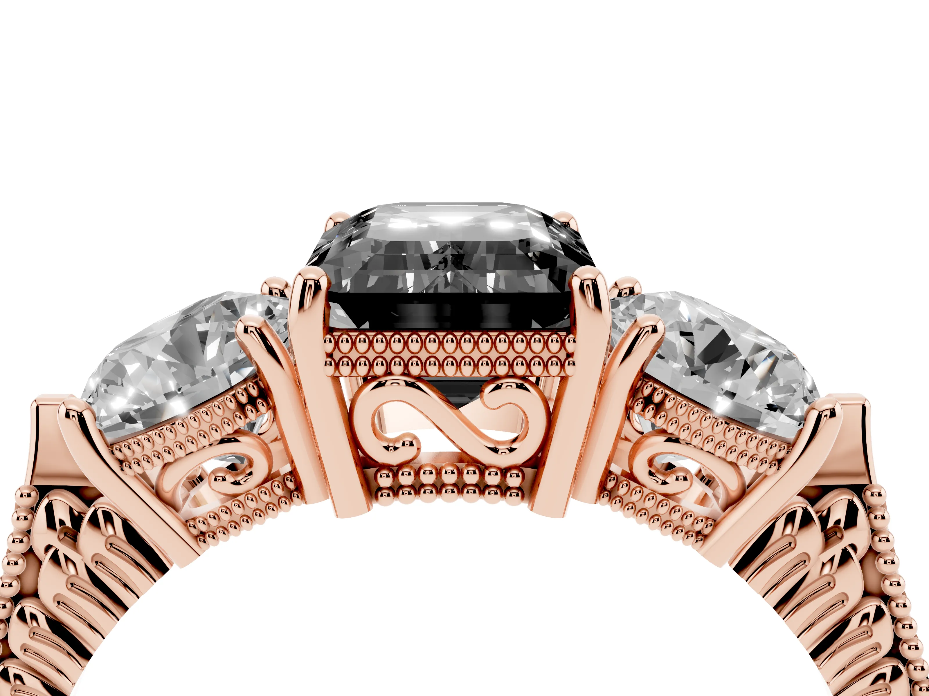 Fancy Black Emerald Cut Diamond Three-Stone Ring Set in Rose gold with Milgrain Band