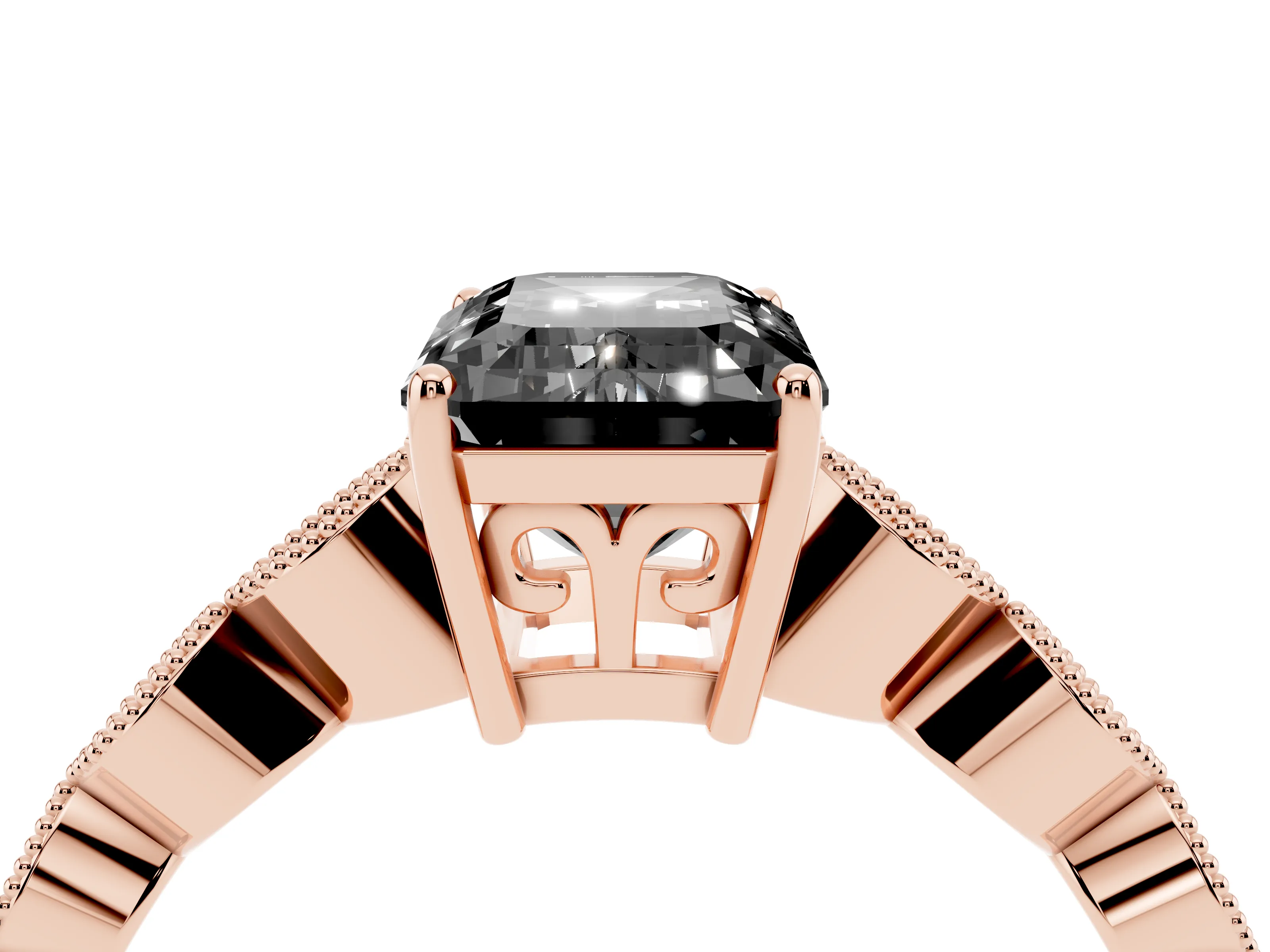 Fancy Black Emerald Cut Diamond Solitaire Ring Set in Rose gold with Infinity Twist Pavé Band