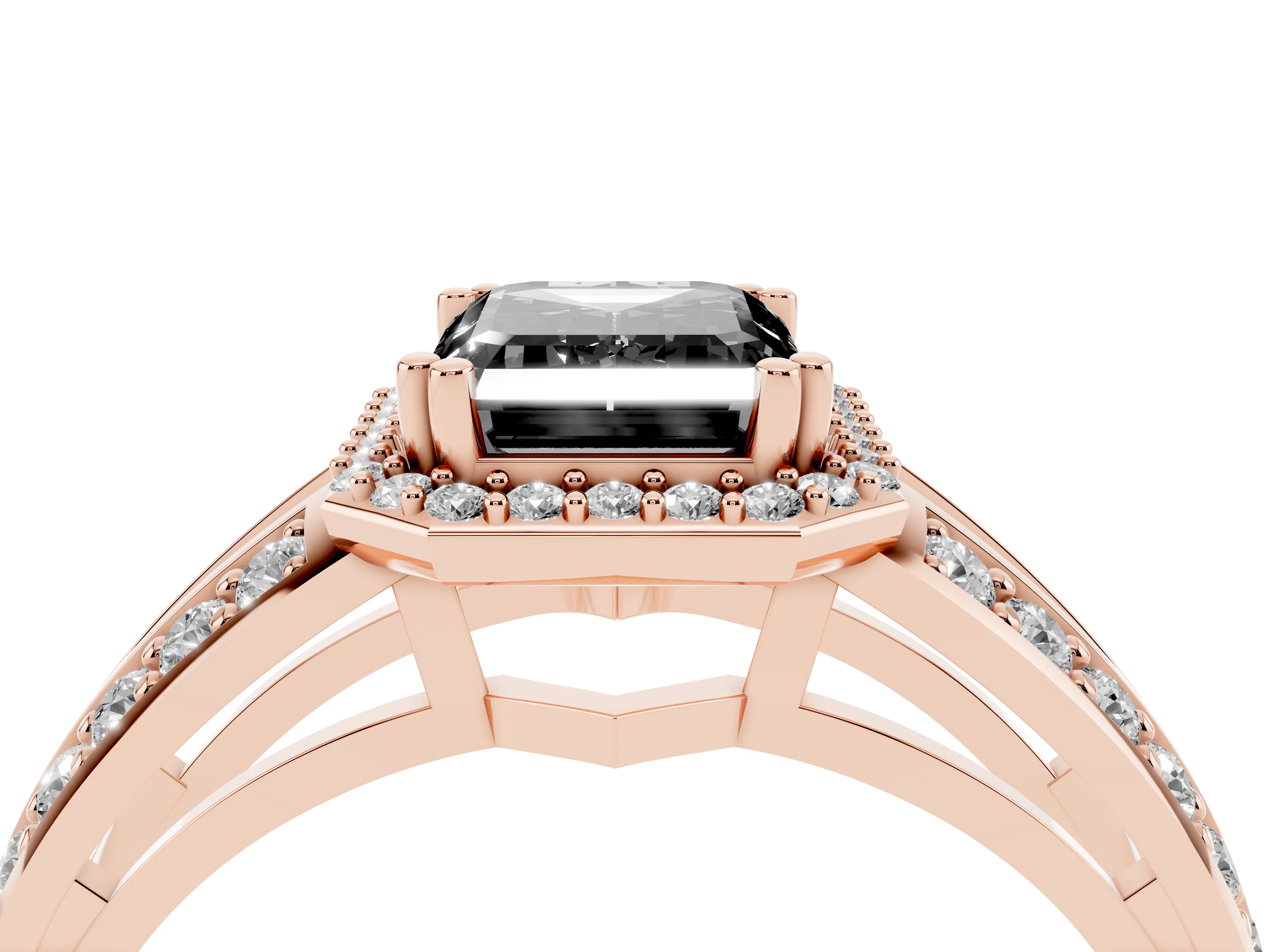 Fancy Black Emerald Cut Diamond Halo Ring Set in Rose gold with Double Pavé Split Shank