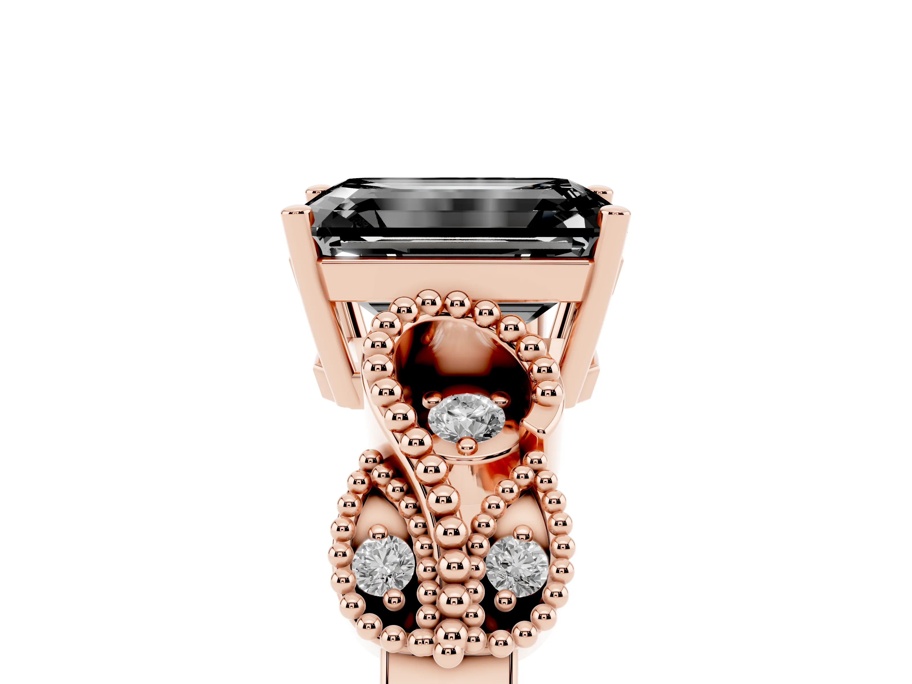 Fancy Black Emerald Cut Diamond Milgrain Leaf Band Solitaire Ring Set in Rose gold with Accent Stones and Prong Setting