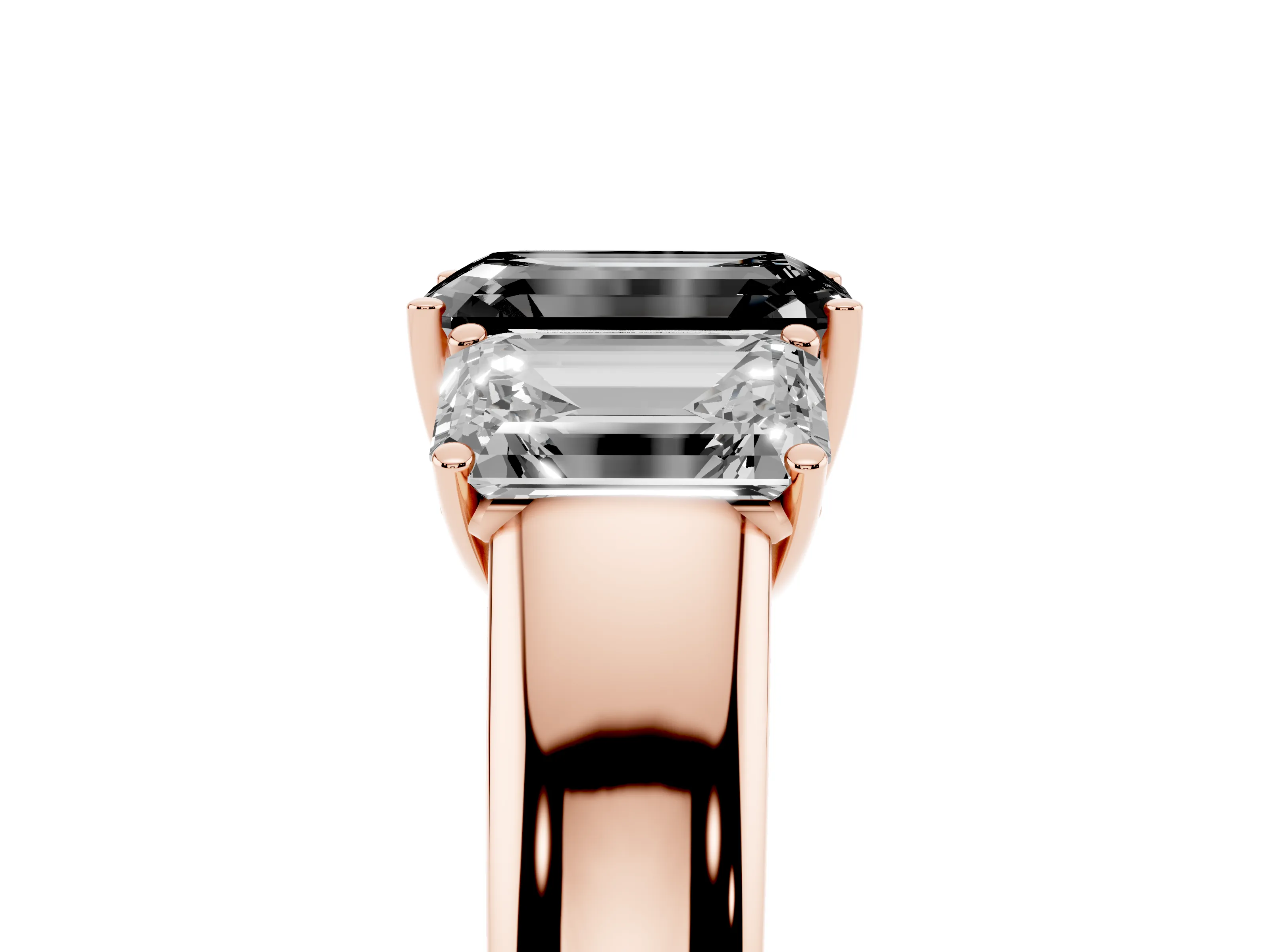 Fancy Black Three-Stone Emerald Cut Diamond Ring Set in Rose gold with Matching Prong Settings and Plain Band
