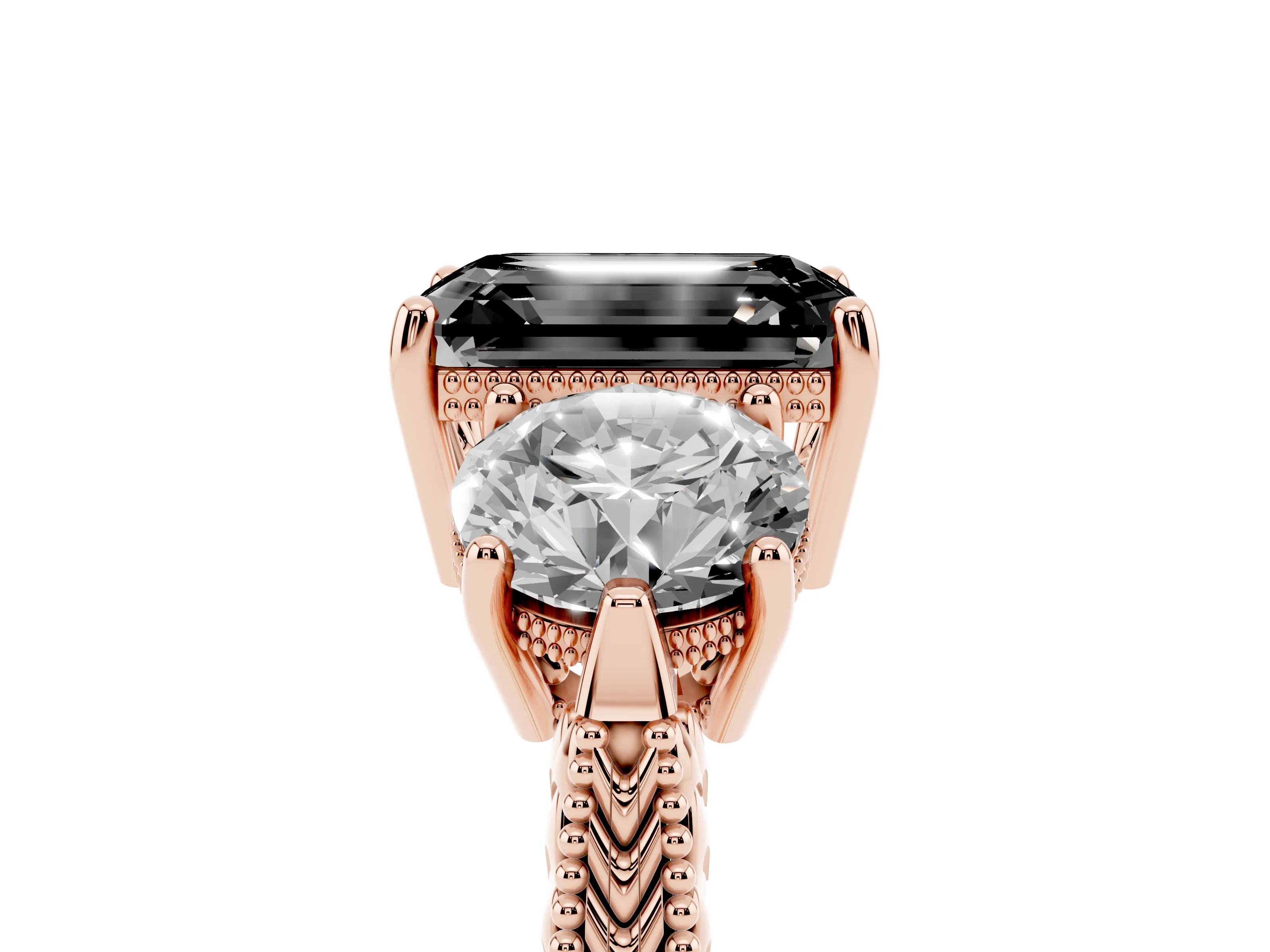 Fancy Black Emerald Cut Diamond Three-Stone Ring Set in Rose gold with Milgrain Band