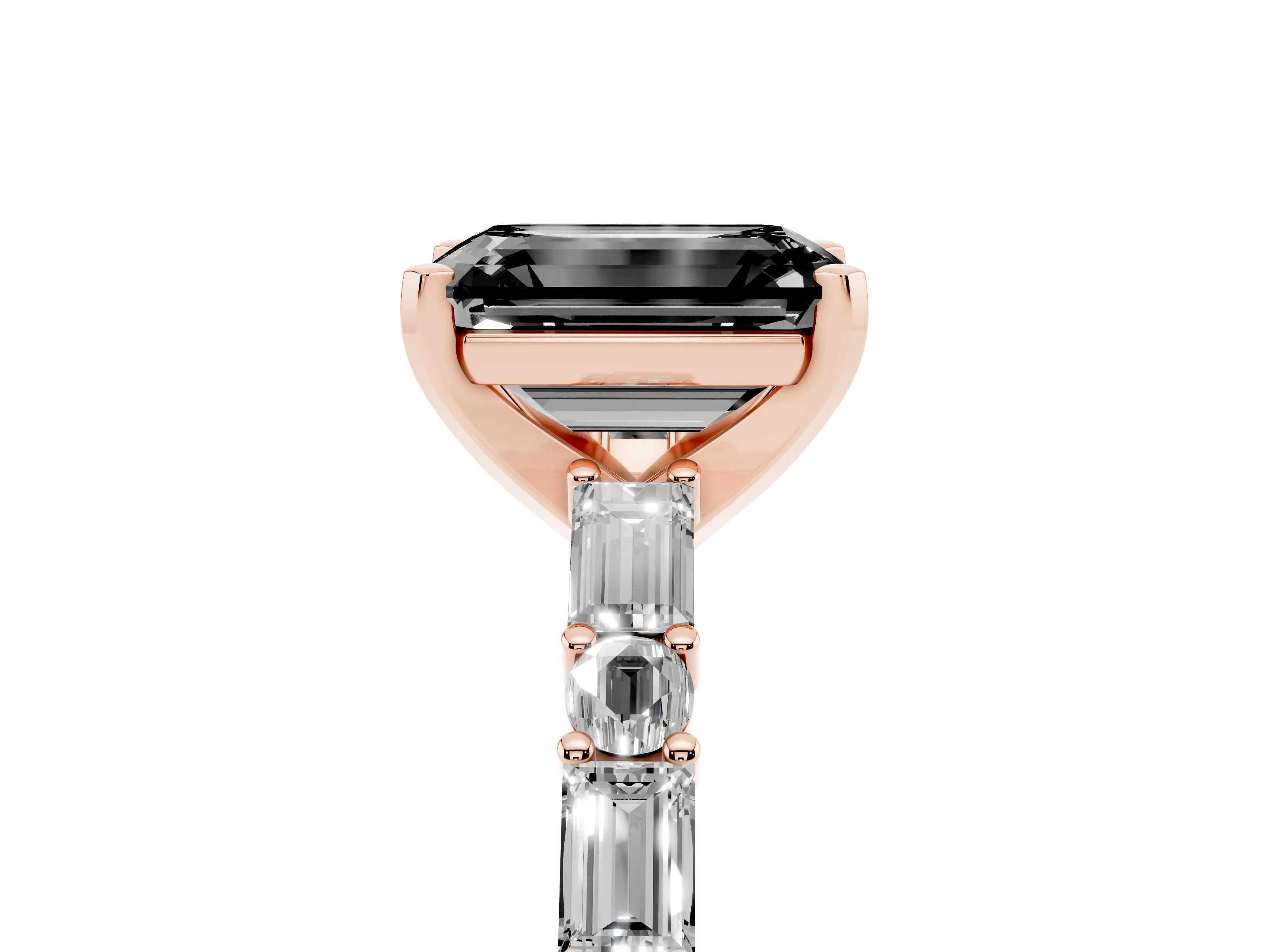 Fancy Black Emerald Cut Diamond Solitaire Set in Rose gold with Side Baguettes and Channel Set Band